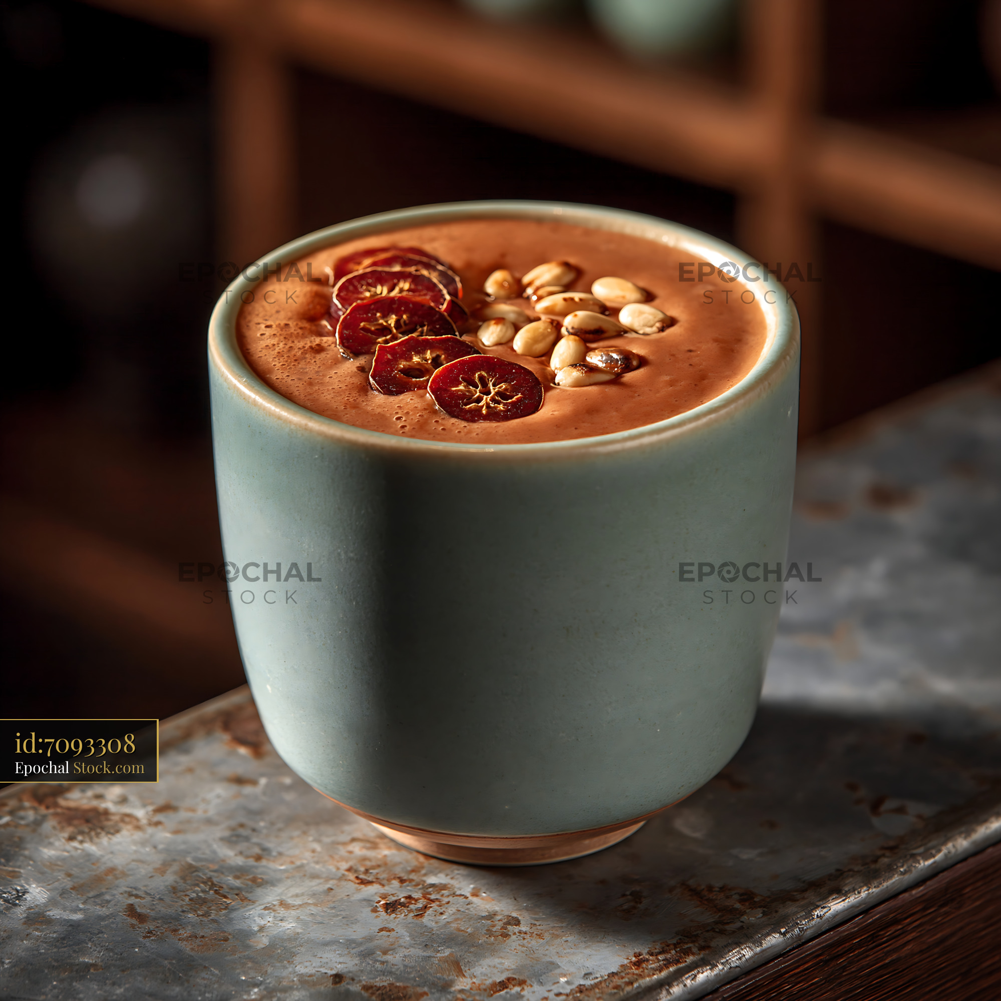 Daechu jujube smoothie topped with red dates and pine nuts - stock photo