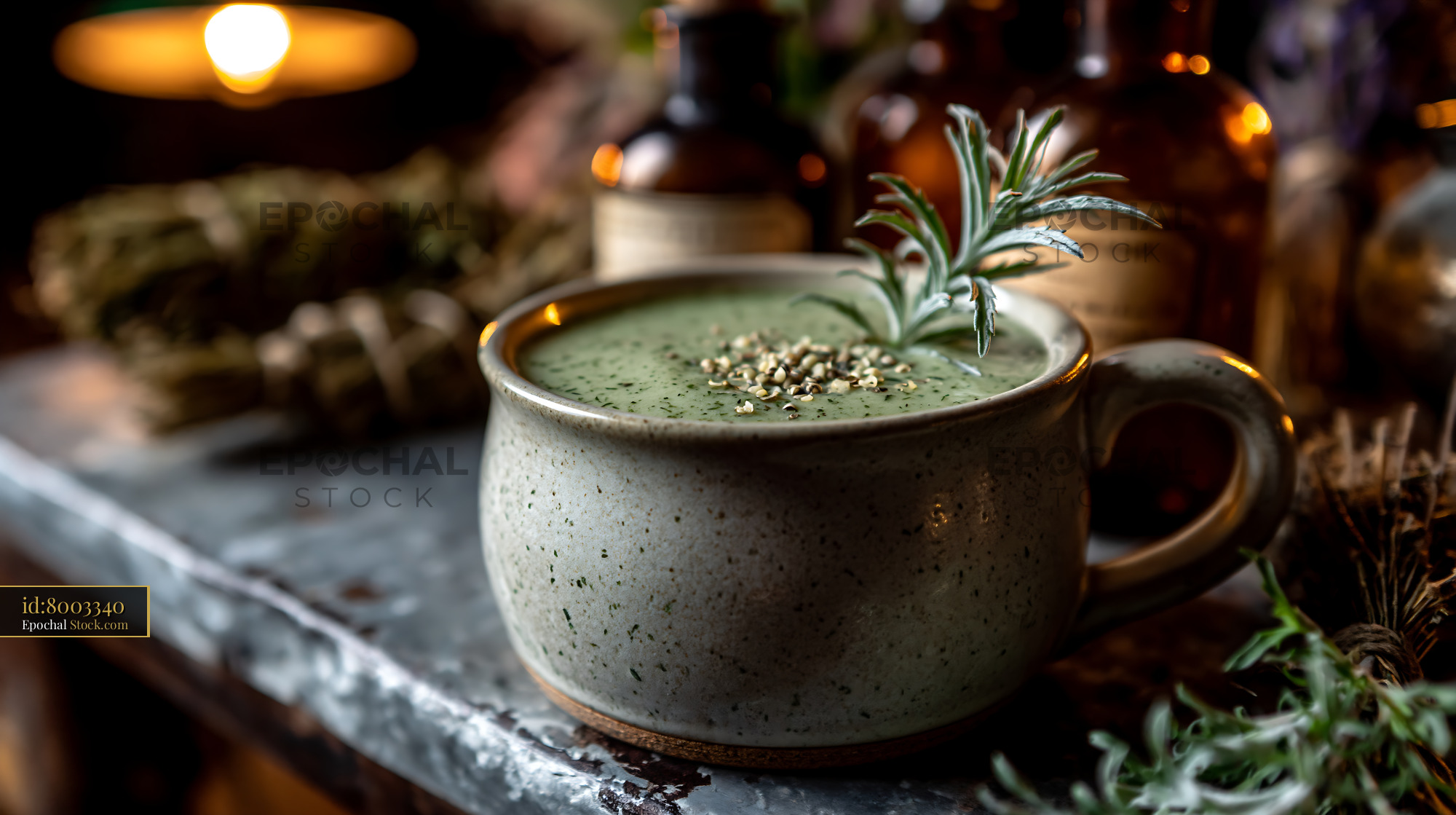 Green mugwort herb smoothie in a rustic ceramic mug on a stone counter - stock photo