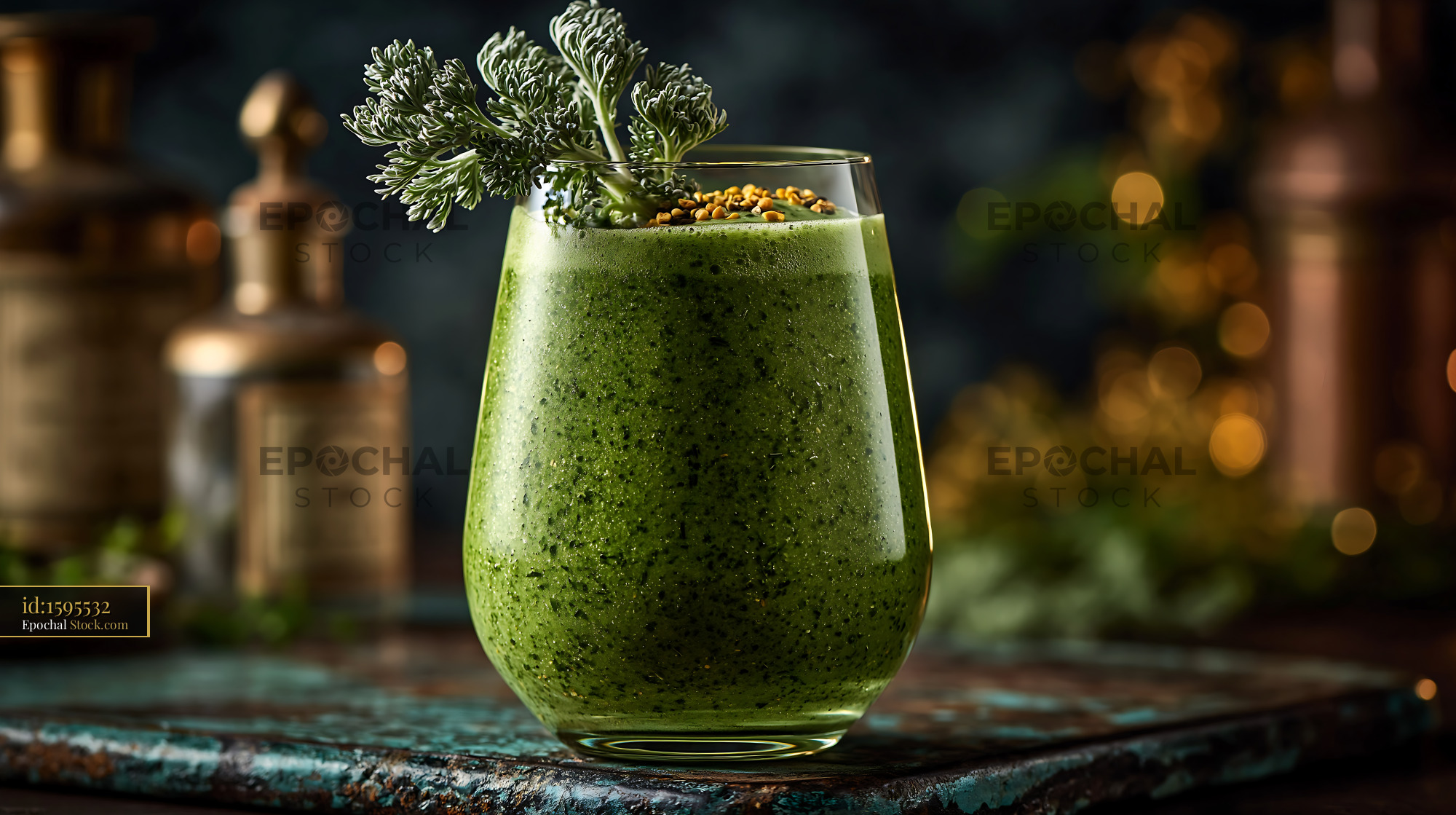 Green mugwort herb smoothie with fresh sprigs on a rustic table - stock photo