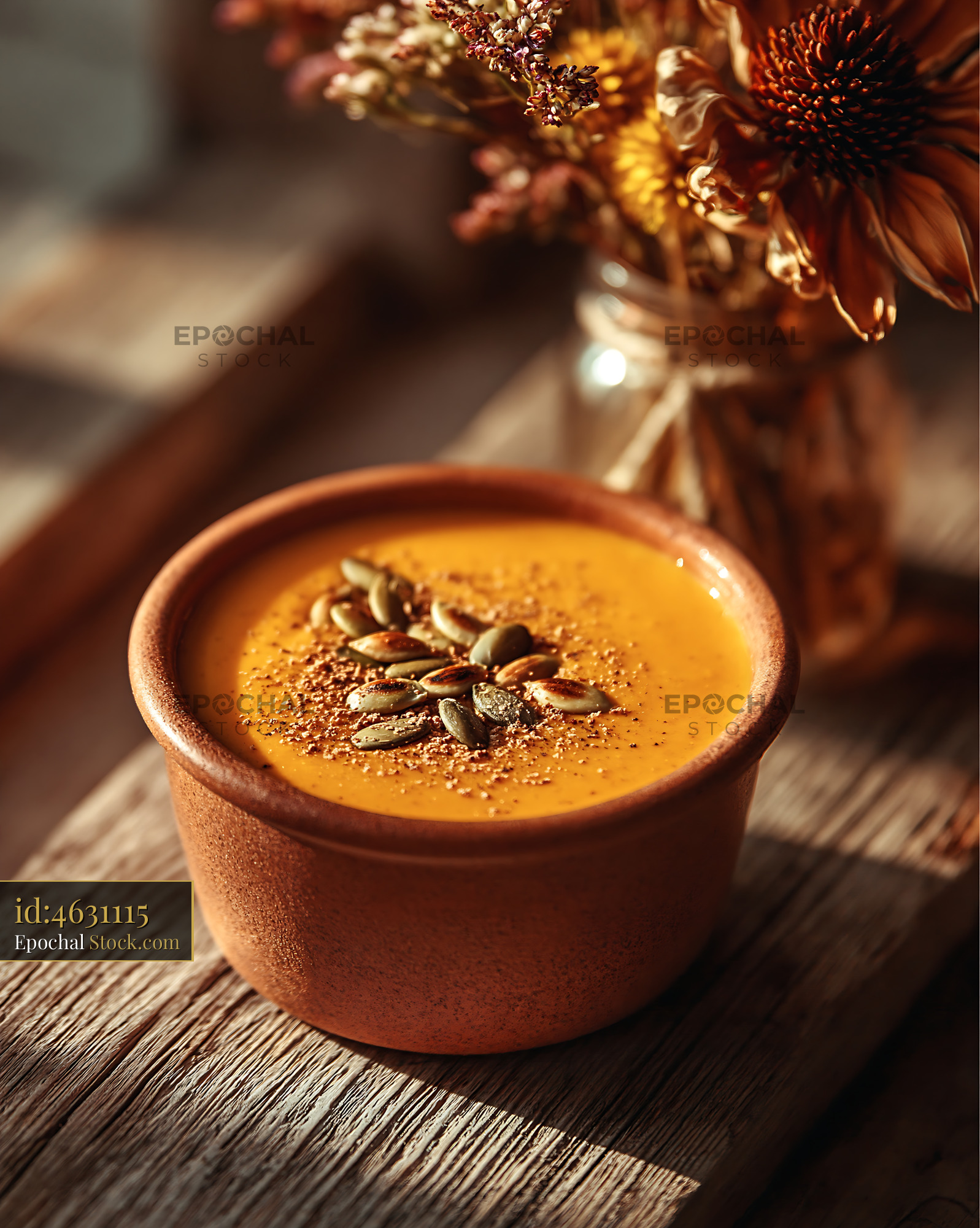 Kabocha pumpkin smoothie bowl with seeds on a rustic wooden table - stock photo