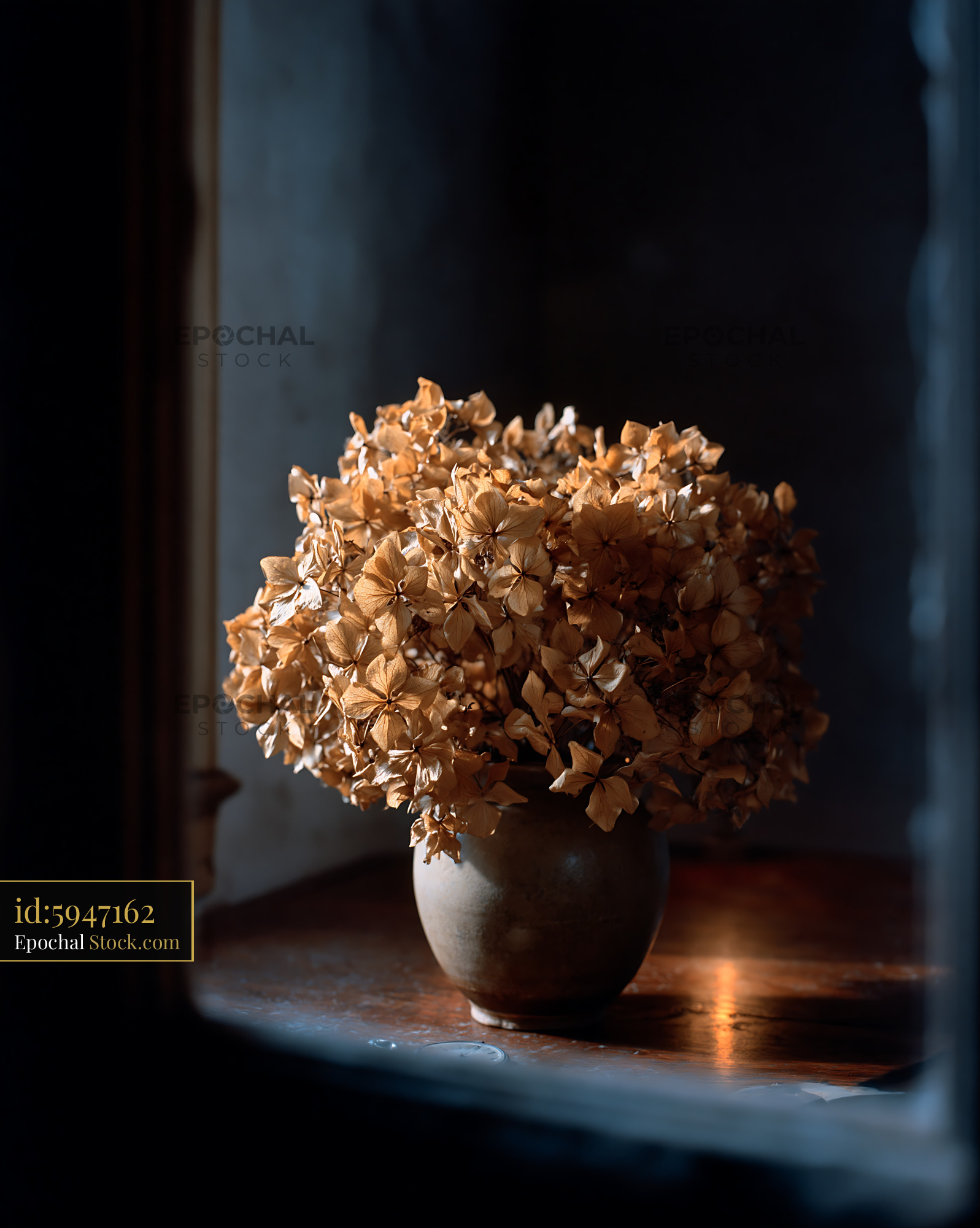 Dried hydrangea flowers in a vase on a dark table in winter light - stock photo