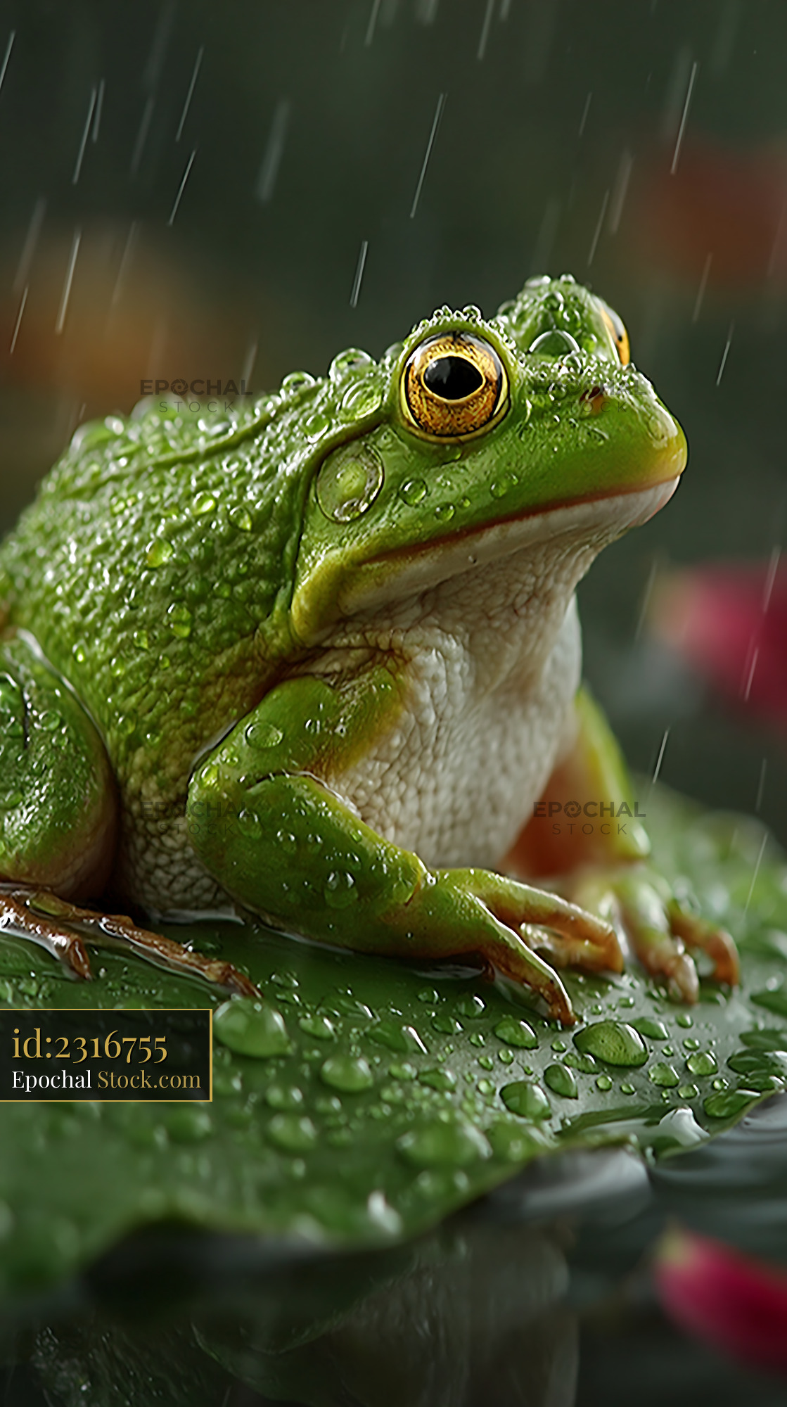 Vibrant green frog resting on lily pad during a gentle rain shower - stock photo
