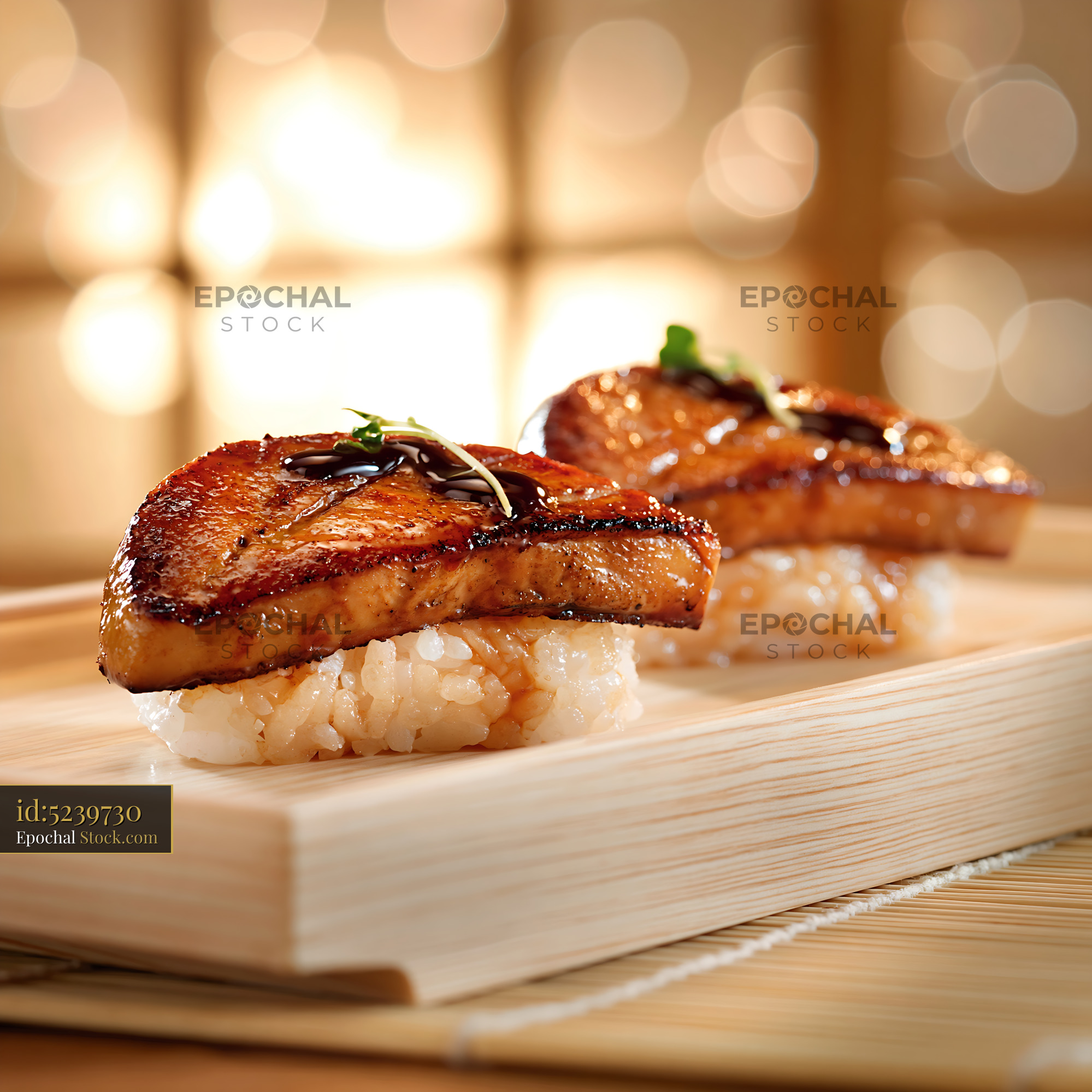 Seared truffle yellowtail sushi nigiri with balsamic glaze - stock photo