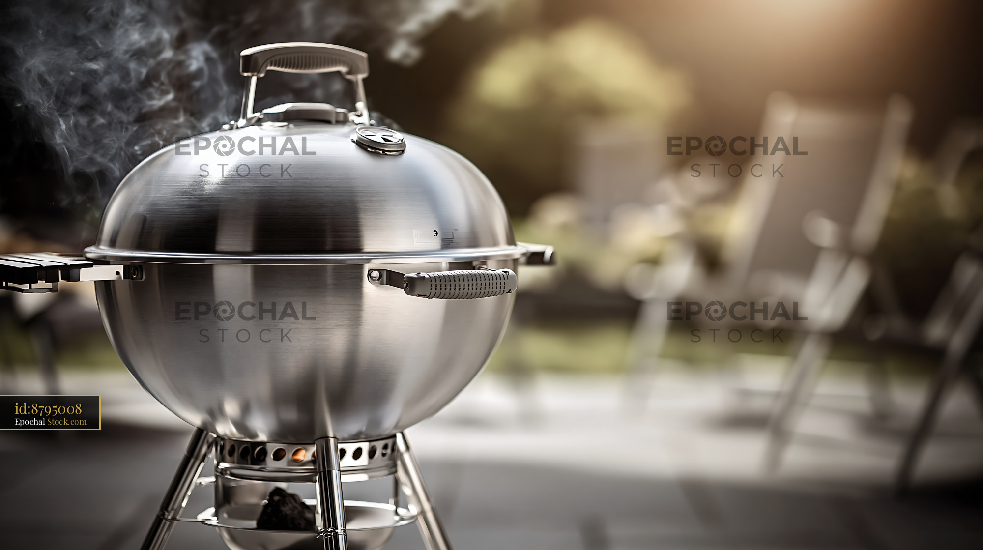 Stainless steel charcoal grill smoking on a sunny patio in the garden - stock photo