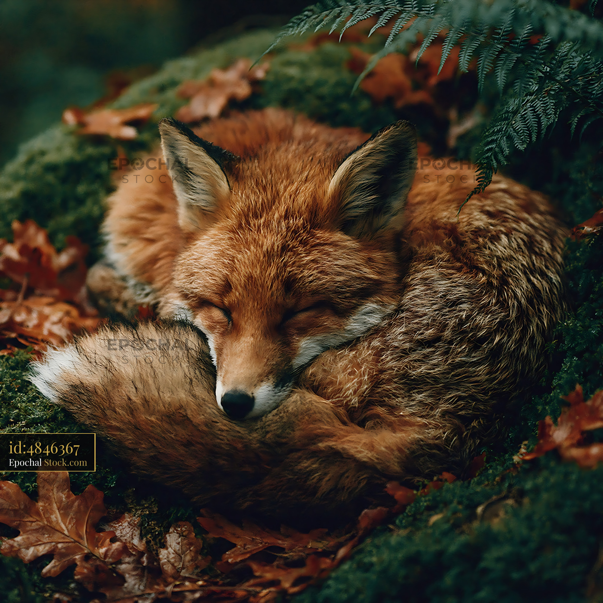 Red fox sleeping curled up on mossy ground in autumn forest - stock photo