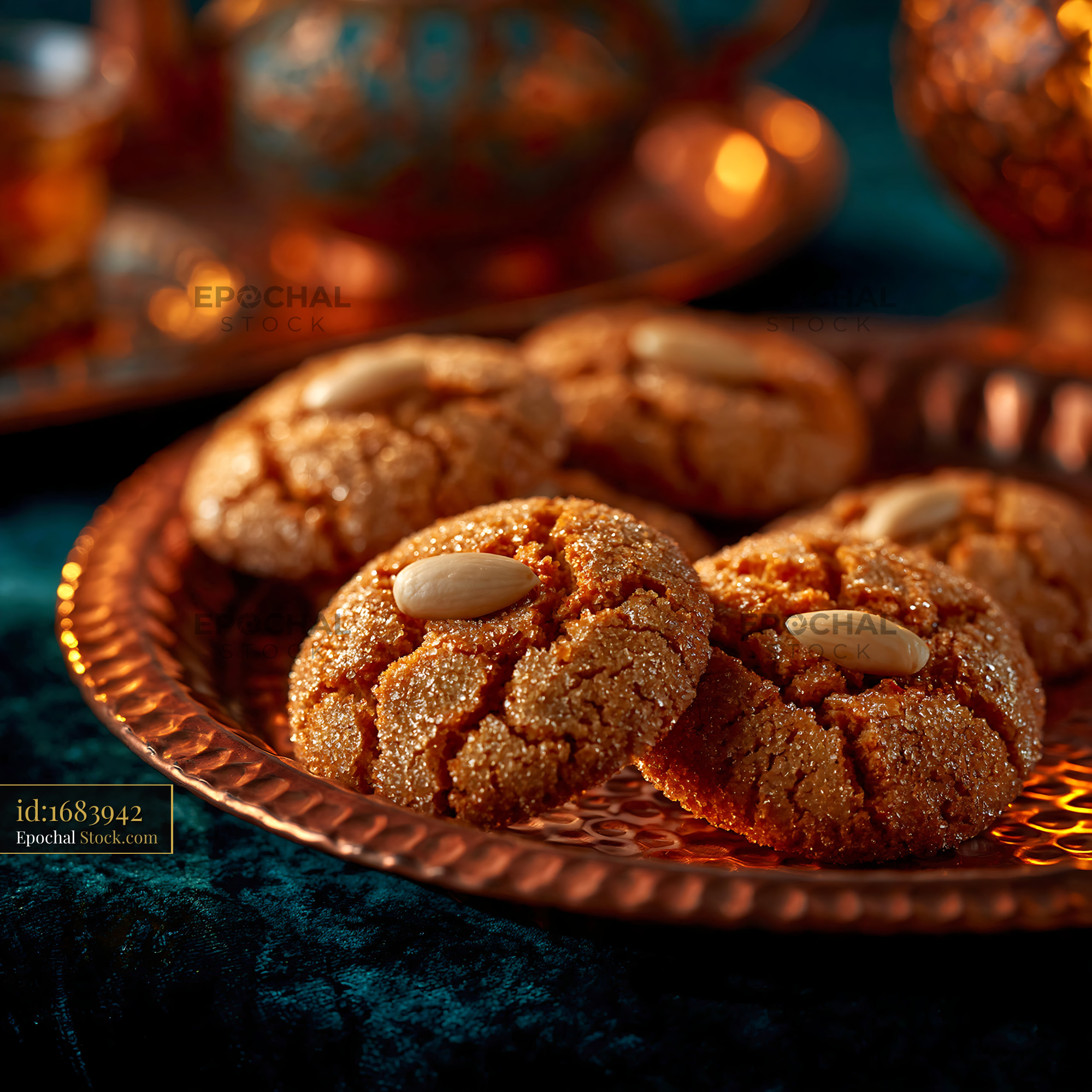Traditional Turkish acibadem kurabiyesi biscuits on a copper plate - stock photo