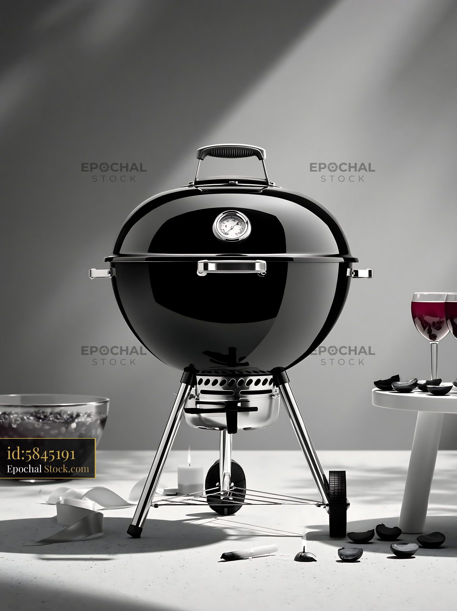 Modern black kettle charcoal grill at a minimalist garden party - stock photo
