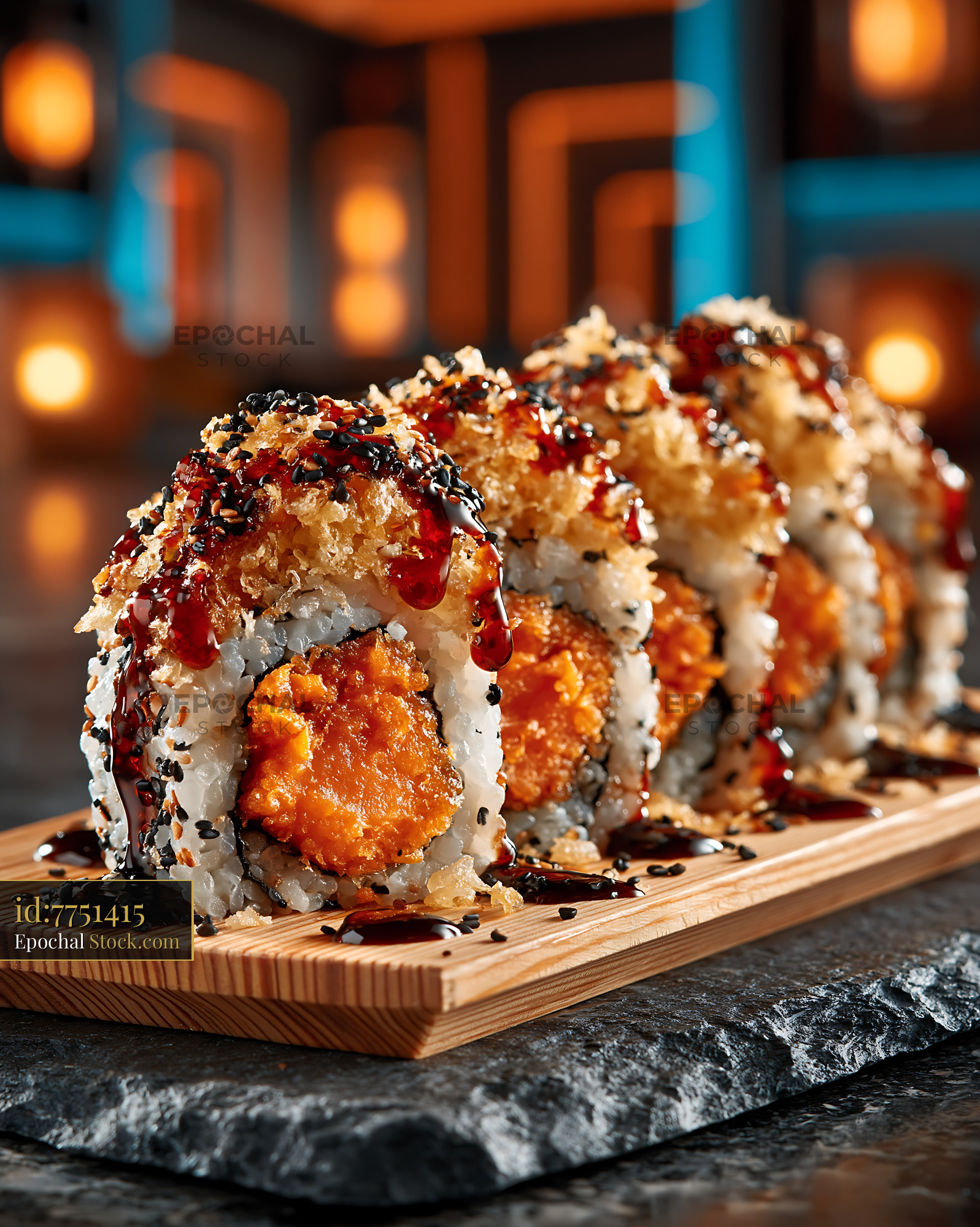 Sweet potato crunch sushi rolls with tempura flakes and sesame seeds - stock photo