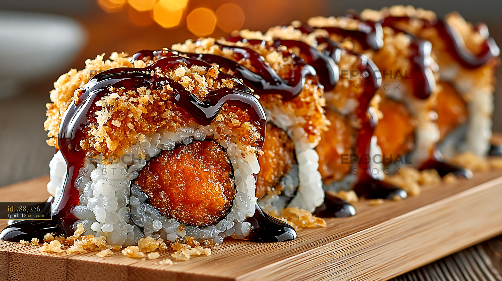 Gourmet matcha infused rice sushi rolls with crispy tempura topping - stock photo