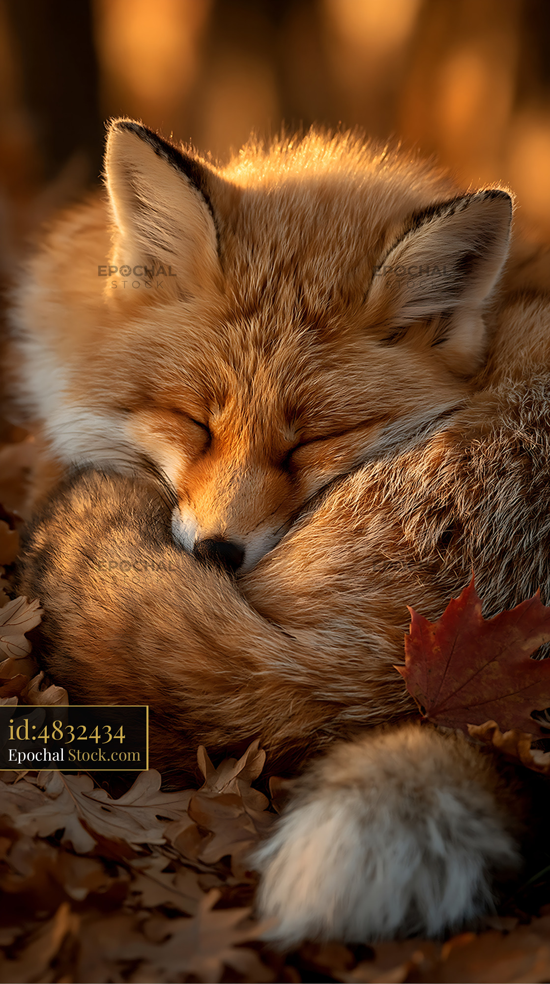 Sleeping red fox curled up in autumn leaves during golden hour - stock photo