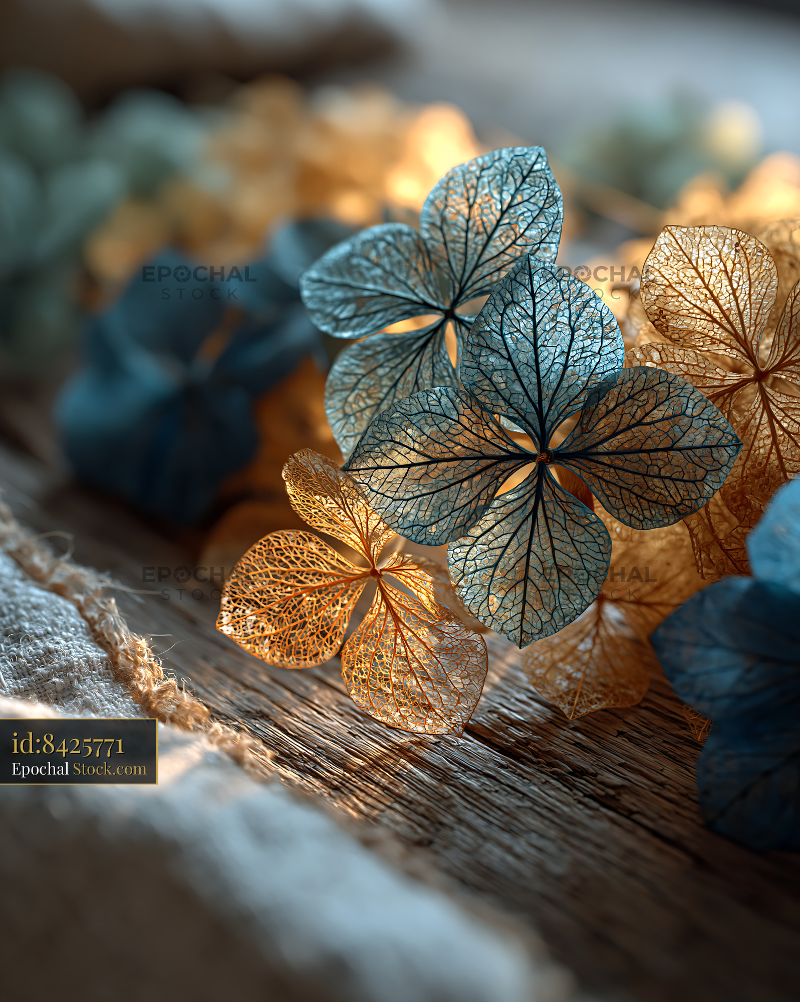 Delicate dried hydrangea flowers on a rustic wooden table in sunlight - stock photo