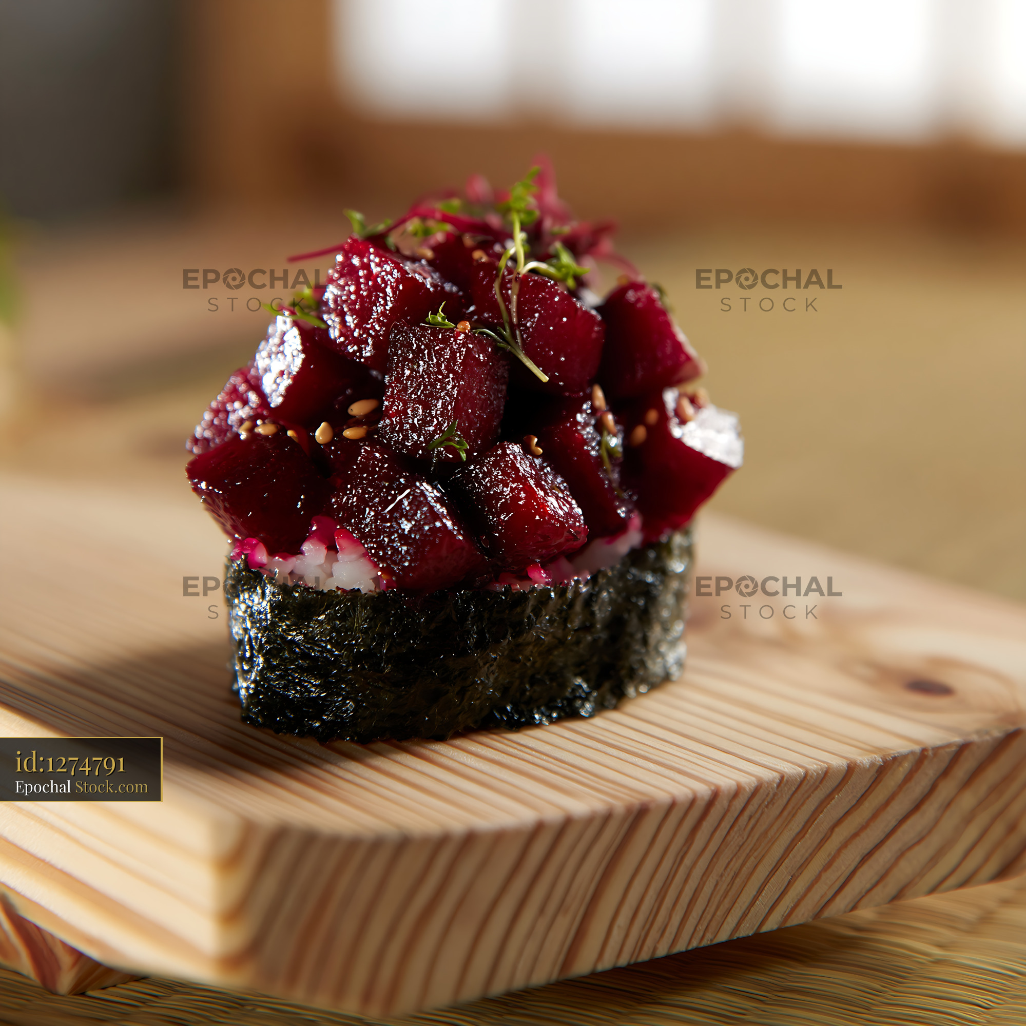 Vegan beet tartare sushi on a traditional wooden board - stock photo