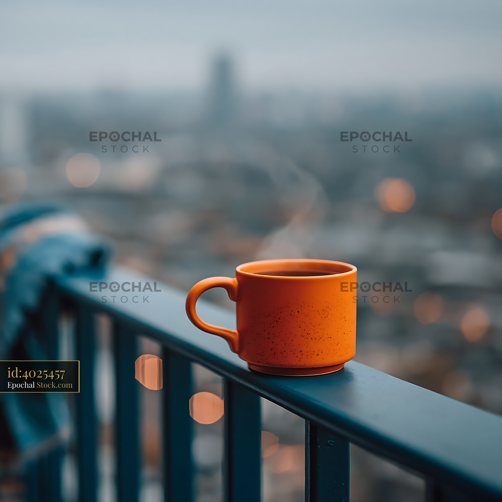 Steaming orange coffee cup on city balcony at dawn - stock photo