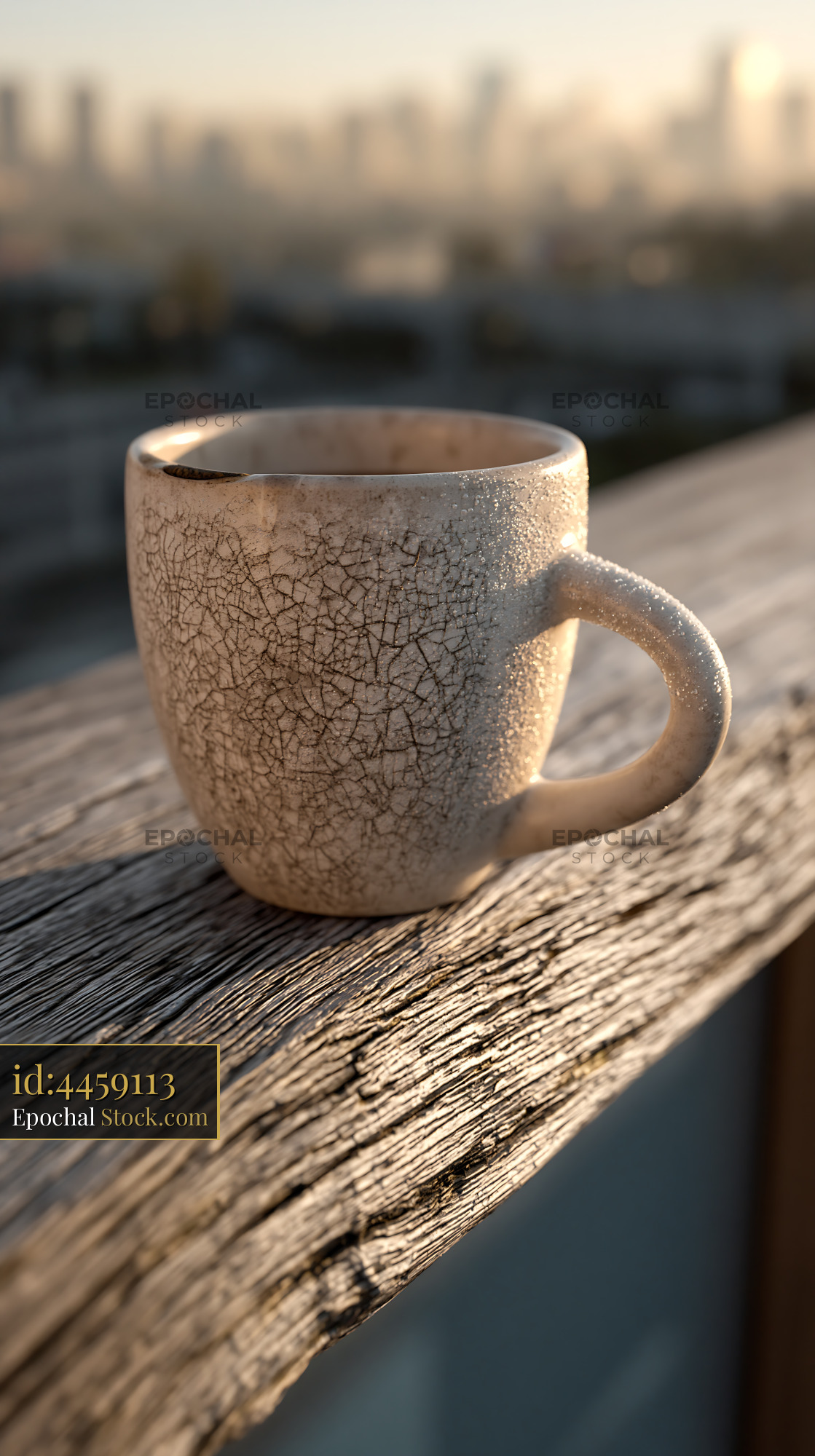 Cracked ceramic coffee cup on wooden balcony railing at sunrise - stock photo