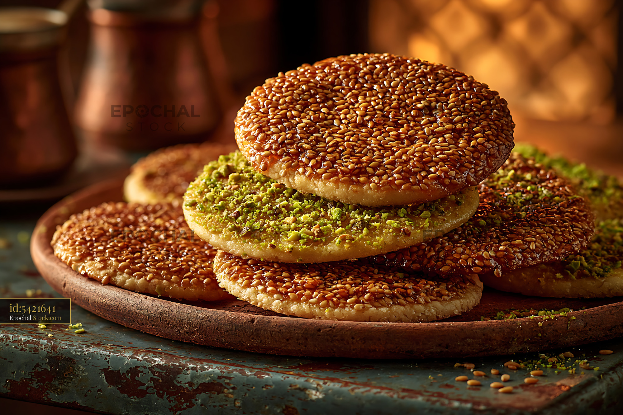 Barazek sesame biscuits with pistachios on a rustic clay plate - stock photo