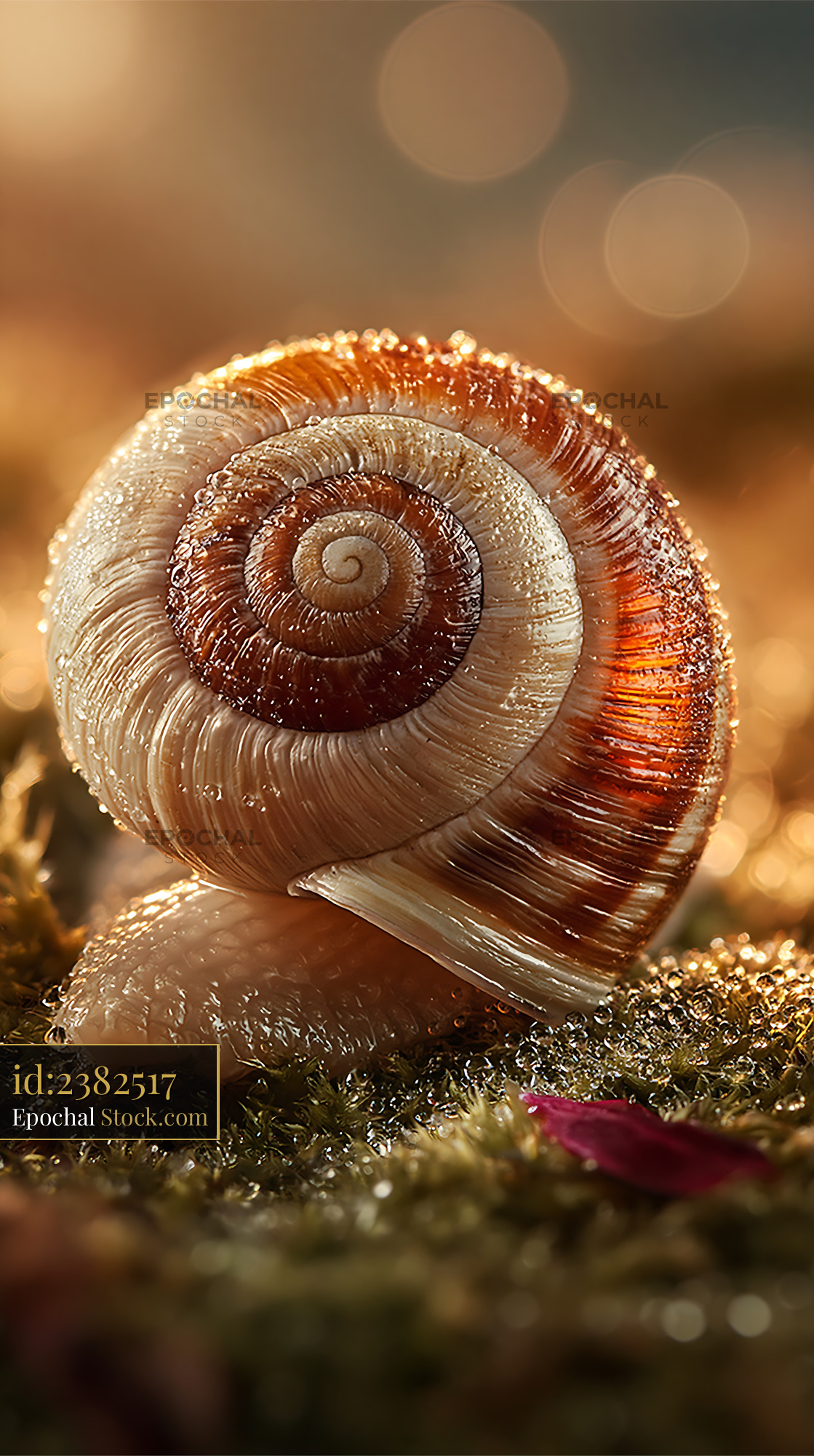 Snail shell on wet moss with water droplets at sunrise - stock photo
