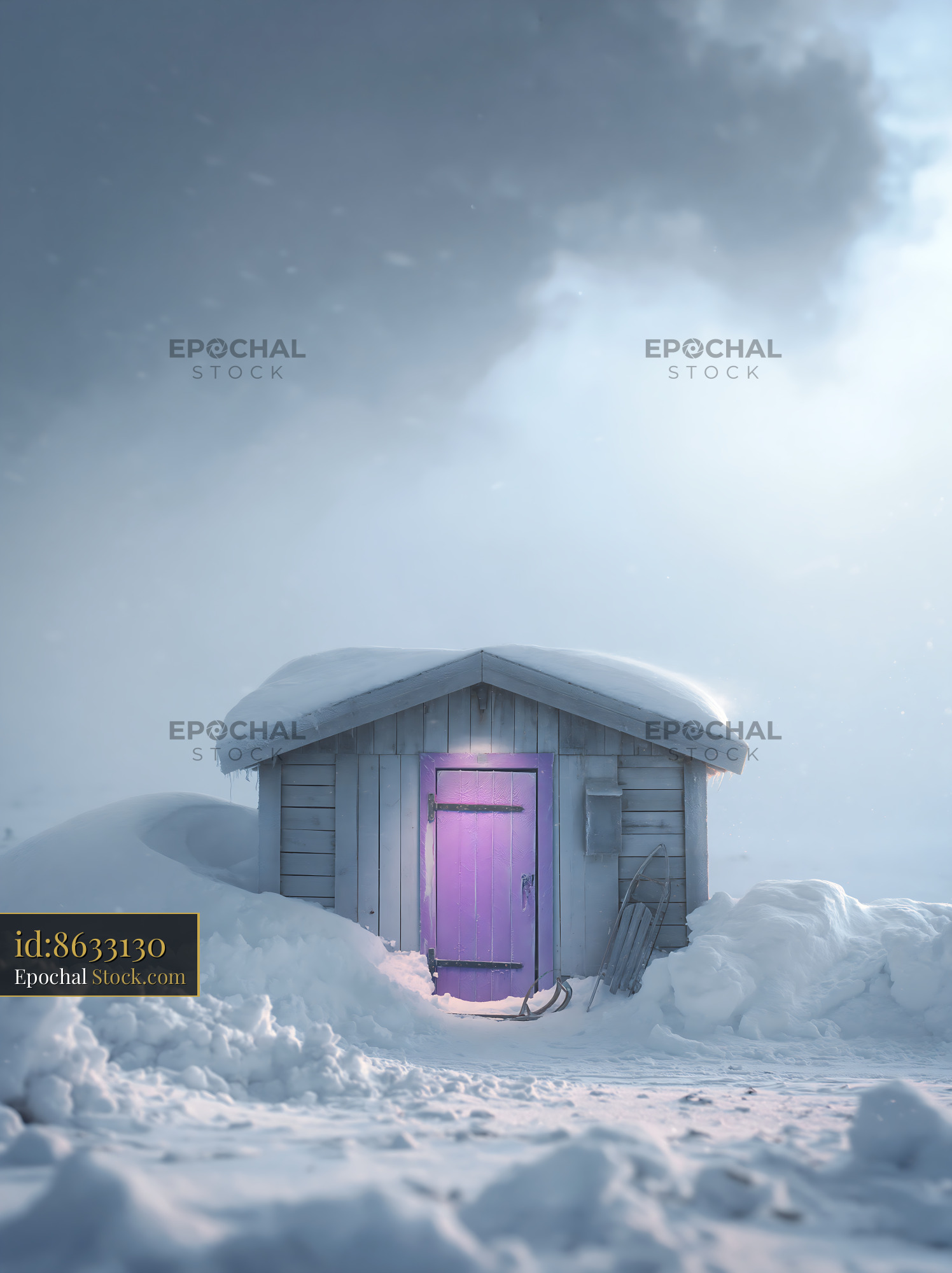 Small wooden cabin with a glowing purple door in a snowy landscape - stock photo