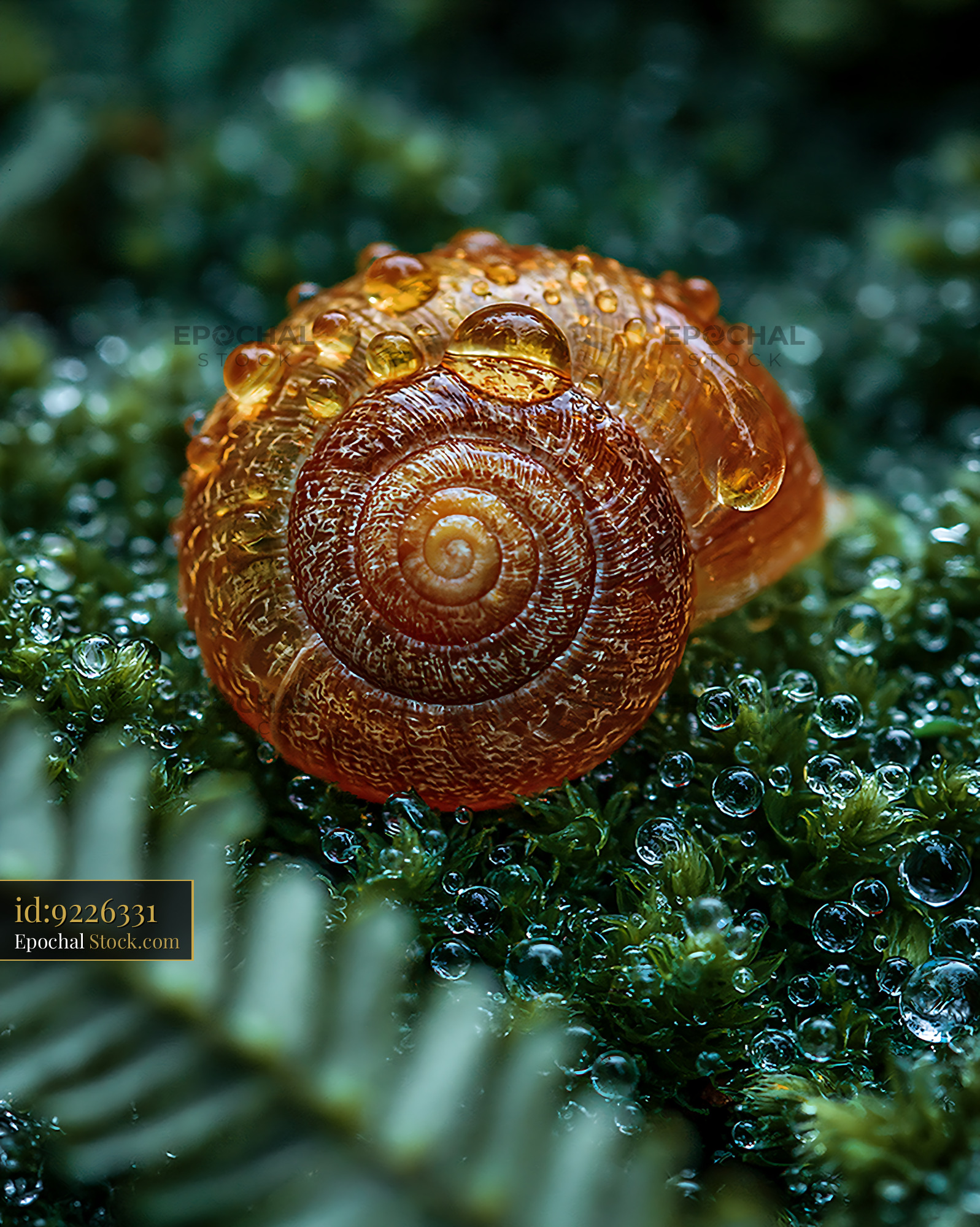 Macro of an amber snail shell on wet green moss with dew droplets - stock photo
