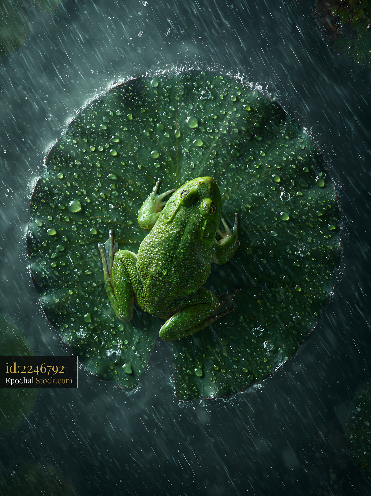 Green frog sitting on a lily pad during a heavy rainstorm in a pond - stock photo