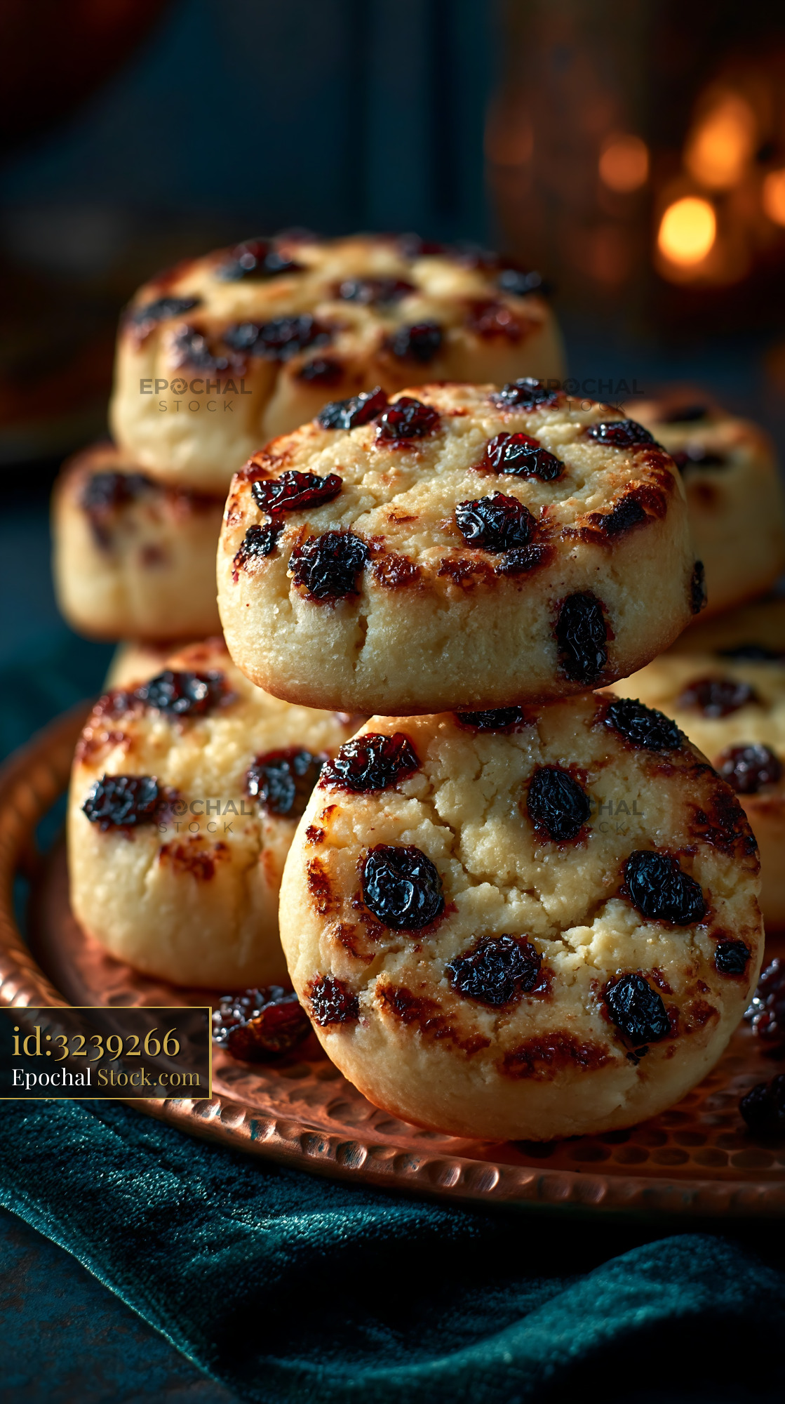 Shirini kishmishi biscuits stacked on a copper plate in warm light - stock photo