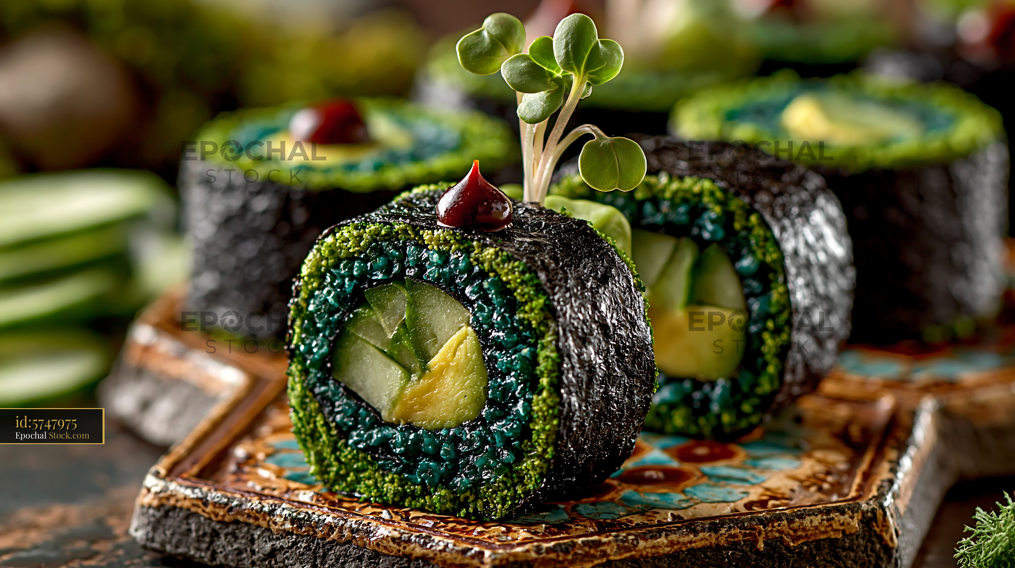 Gourmet vegan maki rolls made with spirulina powder and fresh avocado - stock photo
