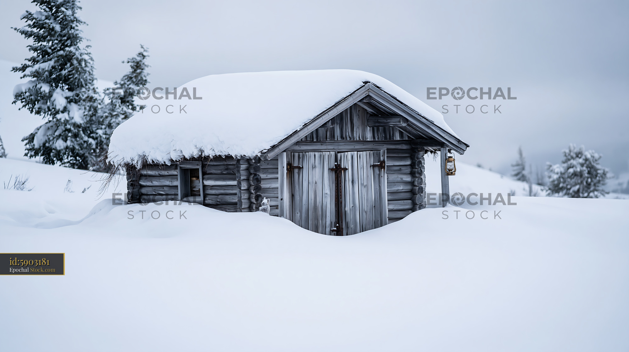 Rustic log cabin covered in deep snow in a winter wilderness - stock photo