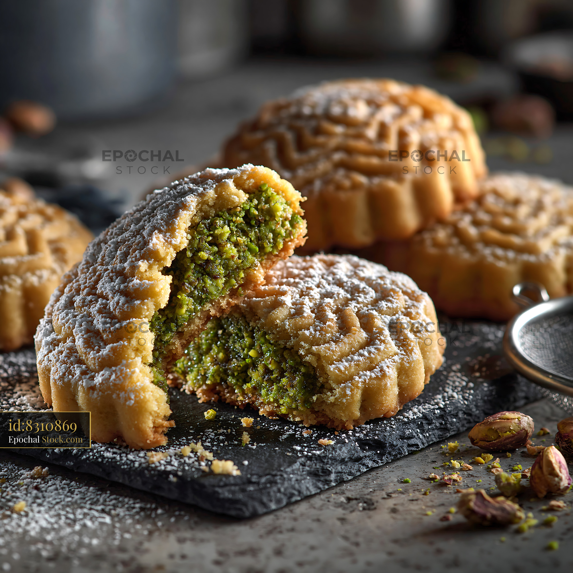 Traditional pistachio maamoul biscuits with powdered sugar on slate - stock photo