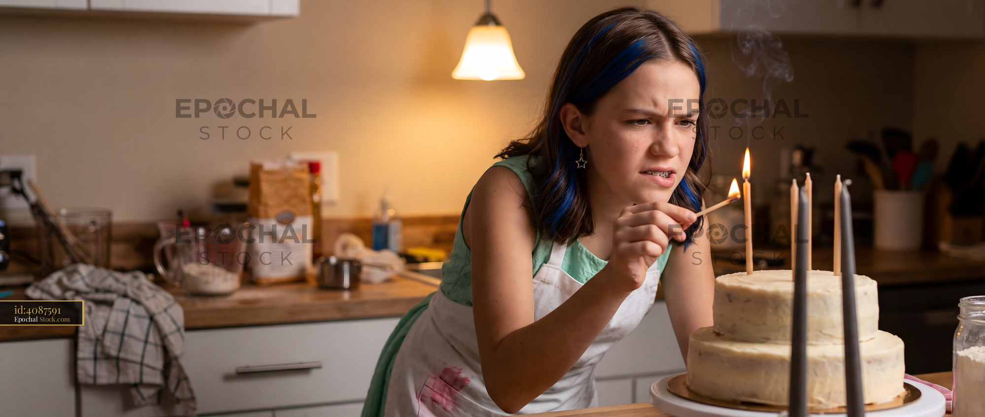 Girl lights candles on a cake in a kitchen at home Premium Stock Photo - stock photo