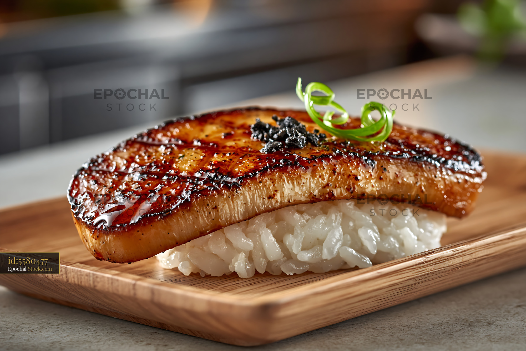 Pan-seared king oyster mushroom sushi nigiri on a wooden tray - stock photo