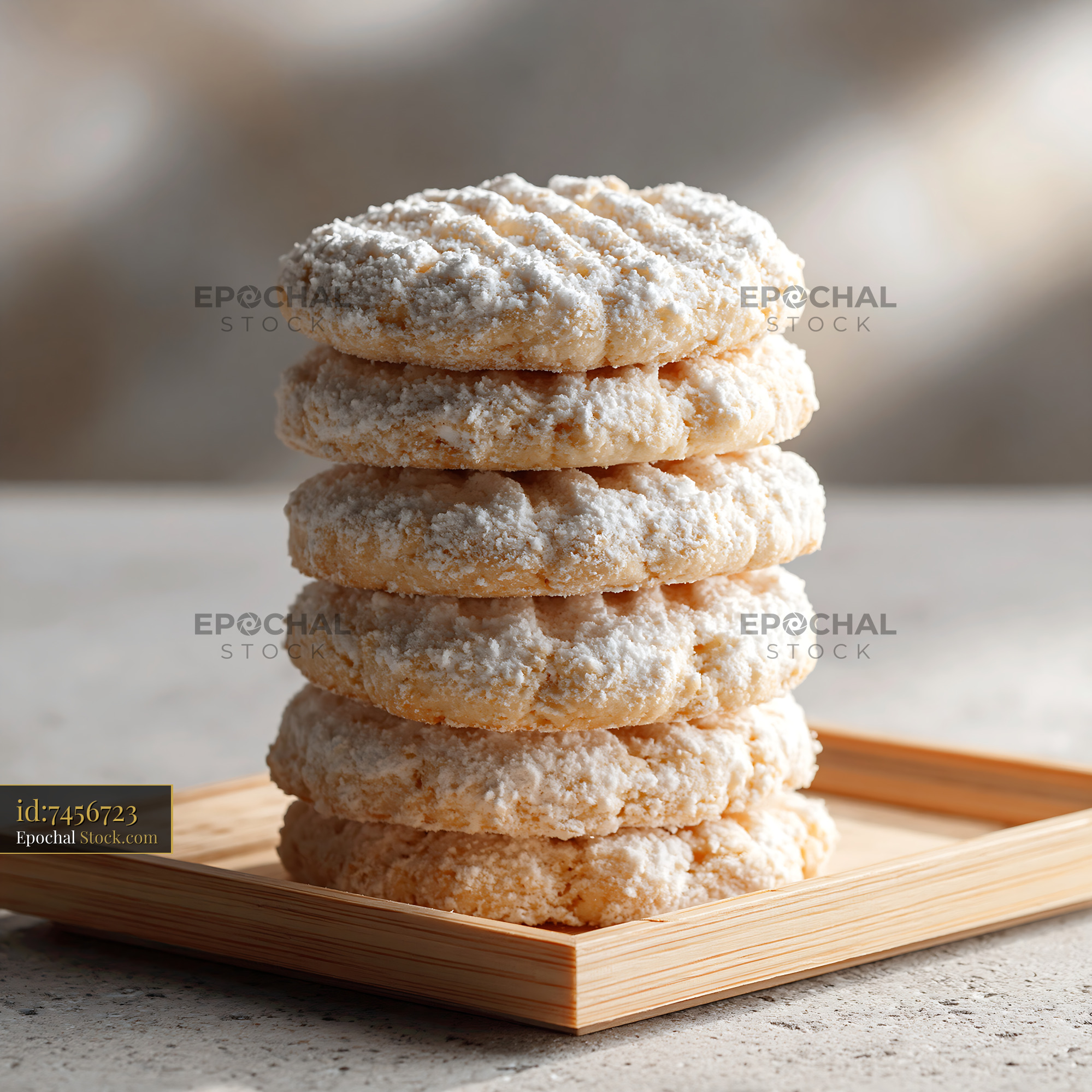 Freshly baked un kurabiyesi biscuits stacked on a wooden tray - stock photo