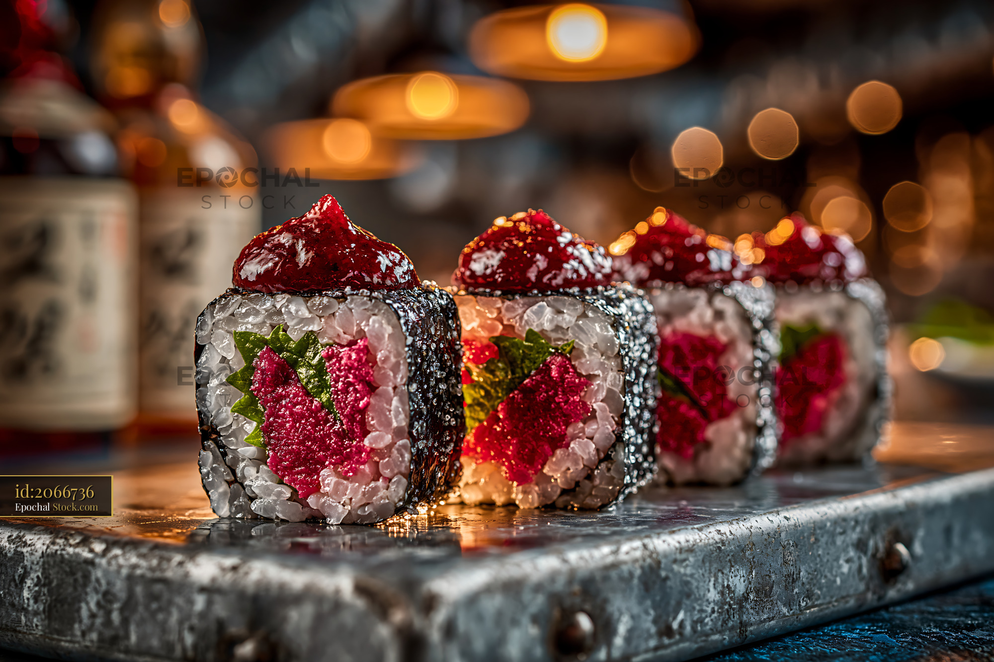 Gourmet sushi rolls topped with salted plum umeboshi paste - stock photo