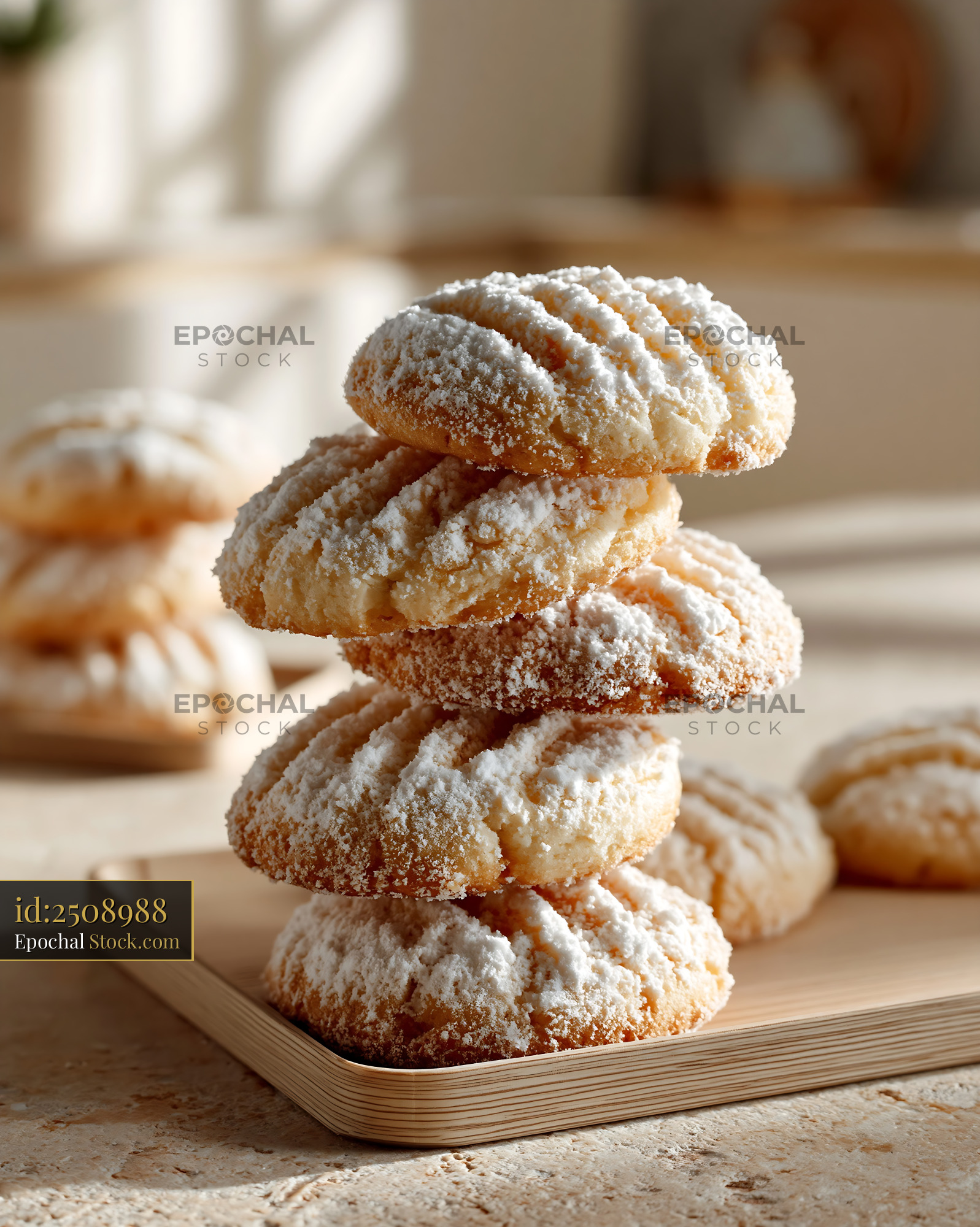 Stack of traditional un kurabiyesi biscuits dusted with powdered sugar - stock photo