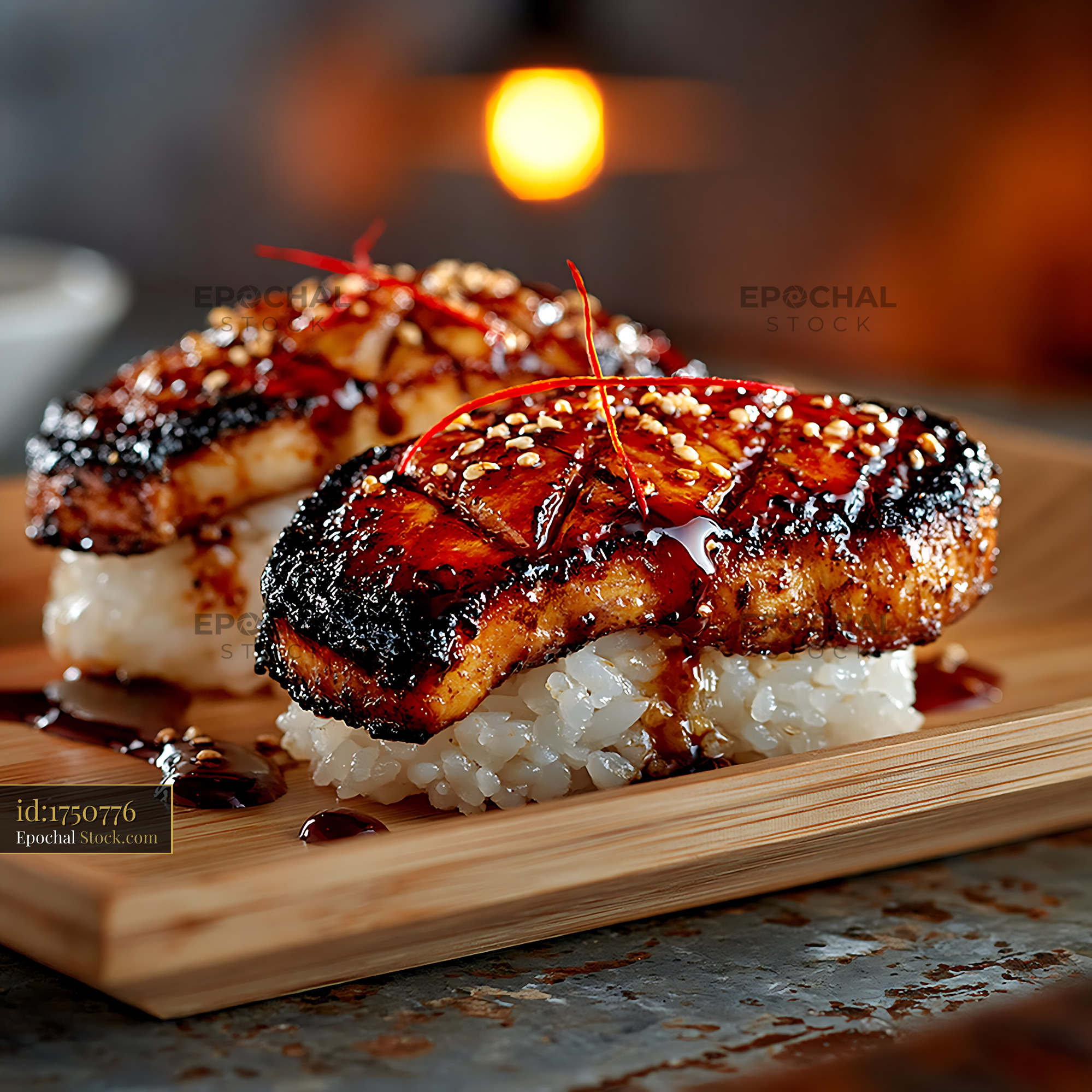 King oyster mushroom sushi nigiri with glaze and sesame seeds - stock photo