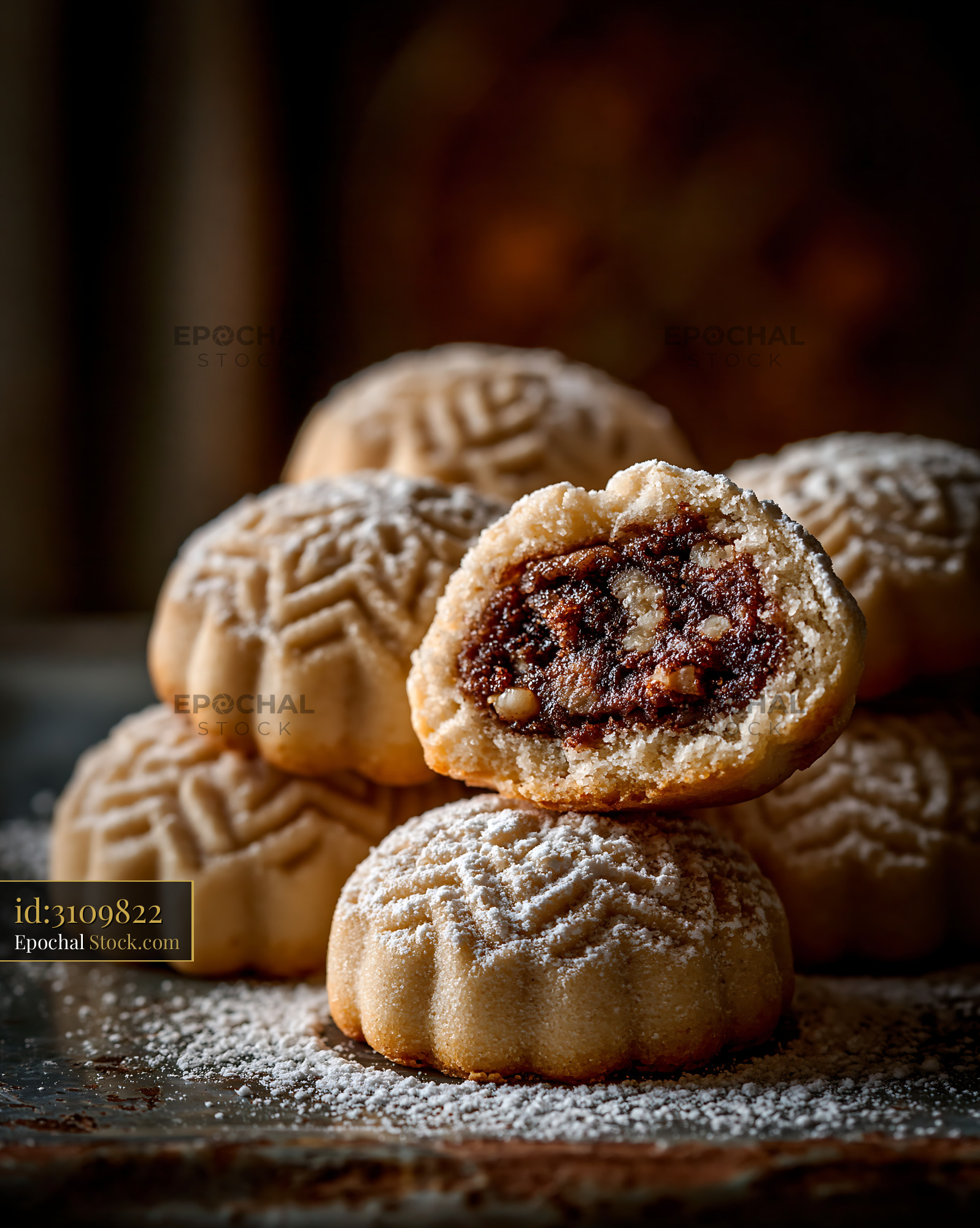 Walnut maamoul biscuits with powdered sugar on a rustic surface - stock photo