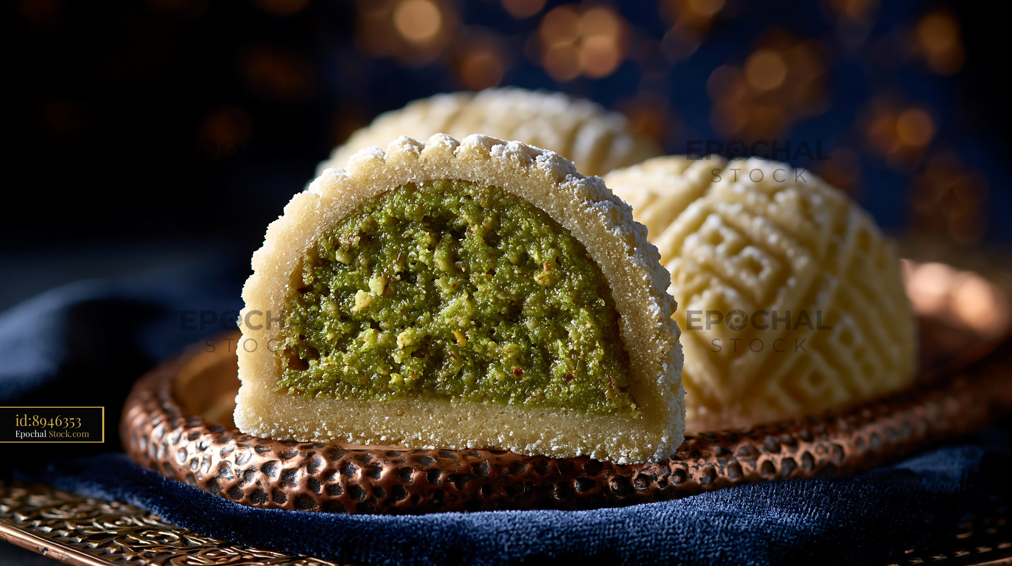 Pistachio maamoul biscuits on a copper plate with festive bokeh - stock photo