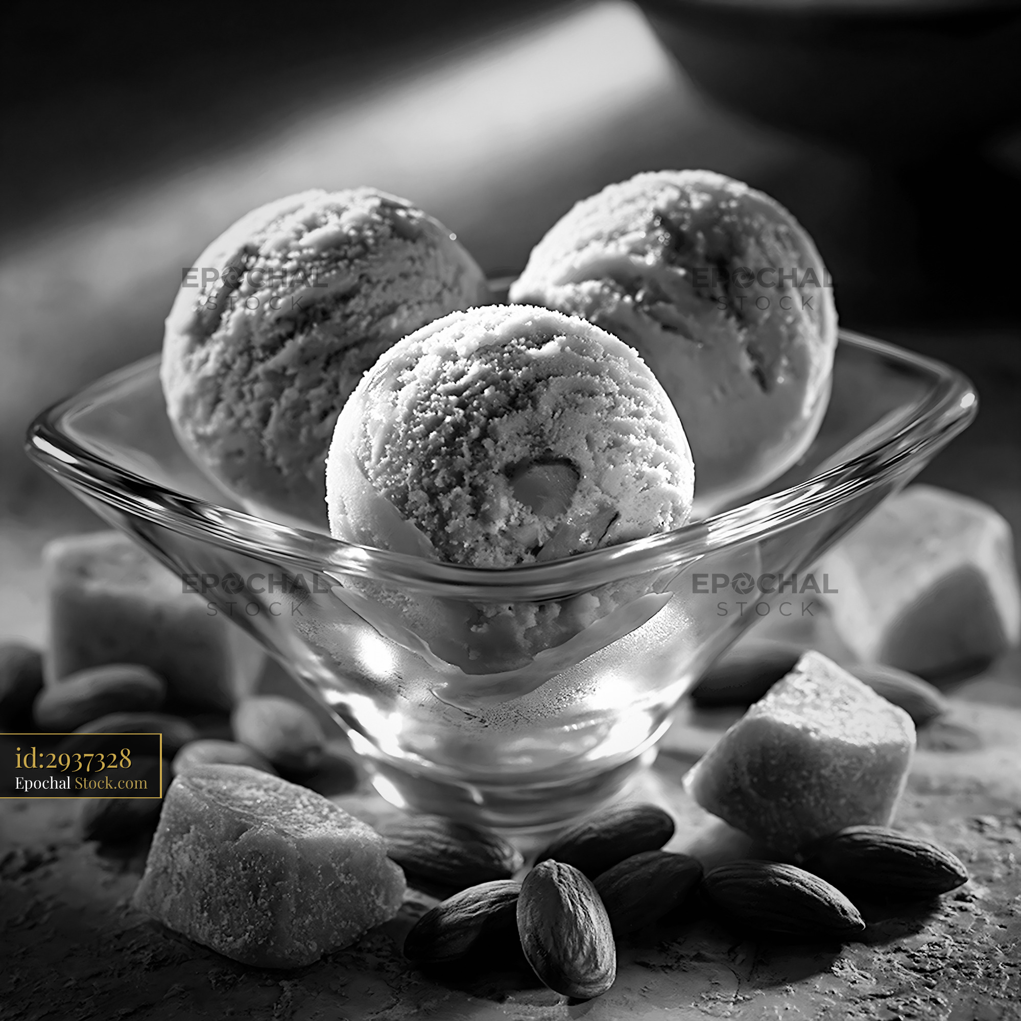 Three scoops of almond paste ice cream in a glass bowl with almonds - stock photo