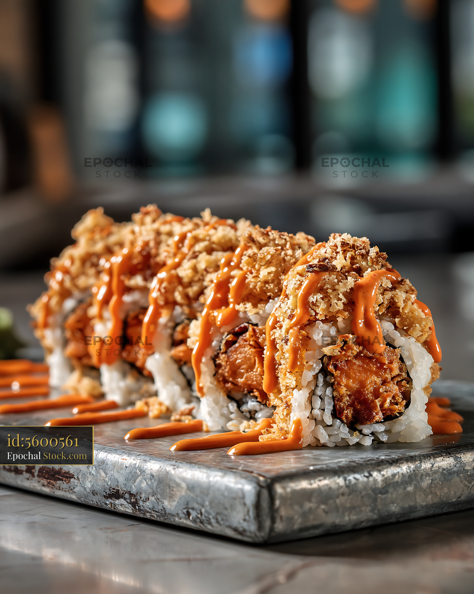Sweet potato crunch sushi with spicy mayo and tempura flakes - stock photo