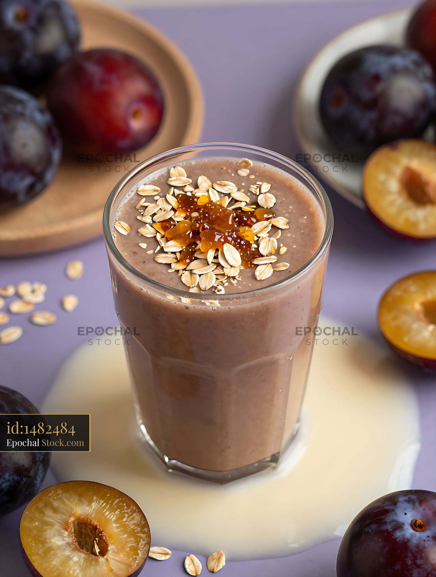 Damson Dewdrop smoothie with rolled oats and fresh plums - stock photo