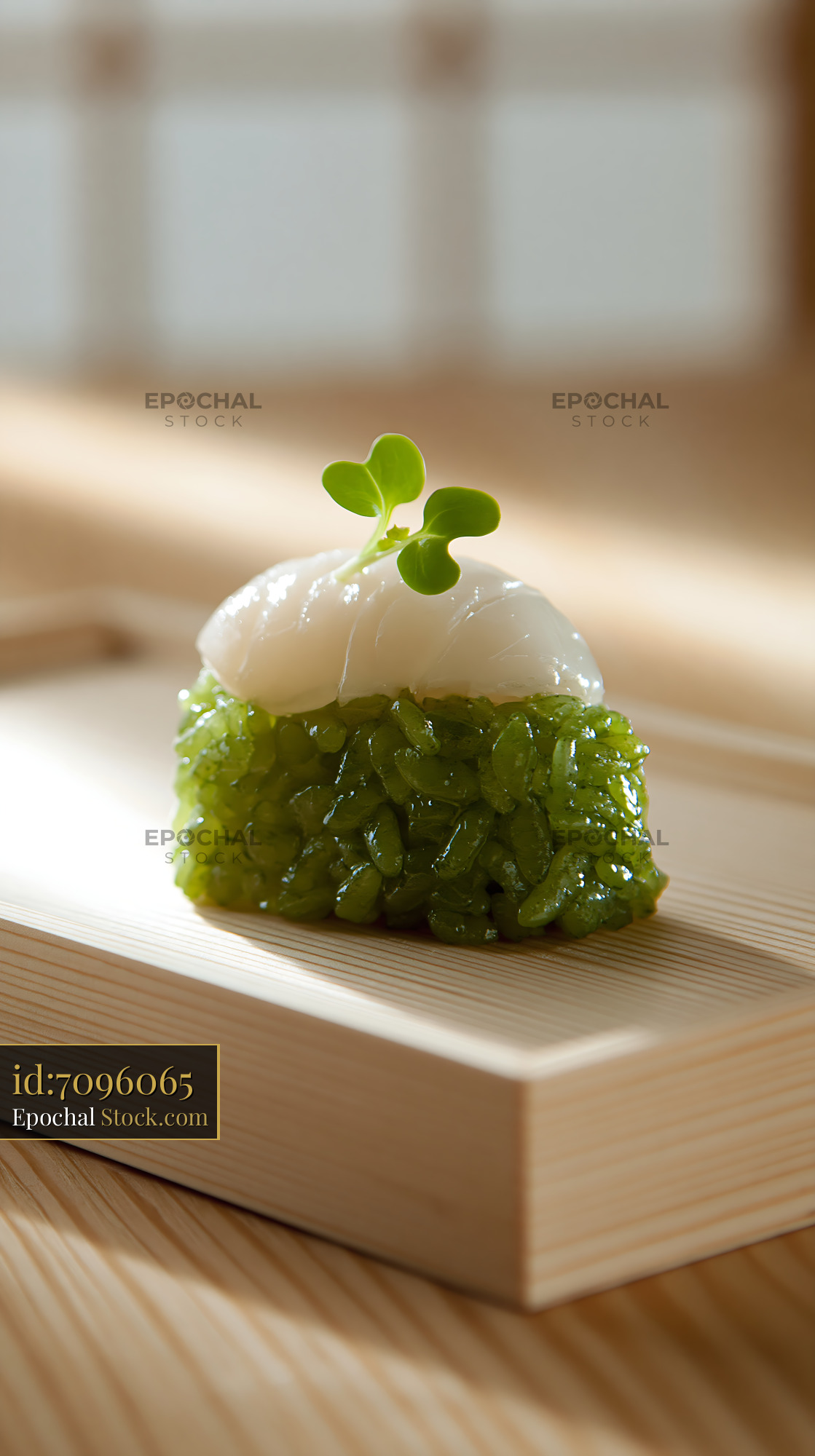 Matcha infused rice sushi with scallop on a wooden tray - stock photo
