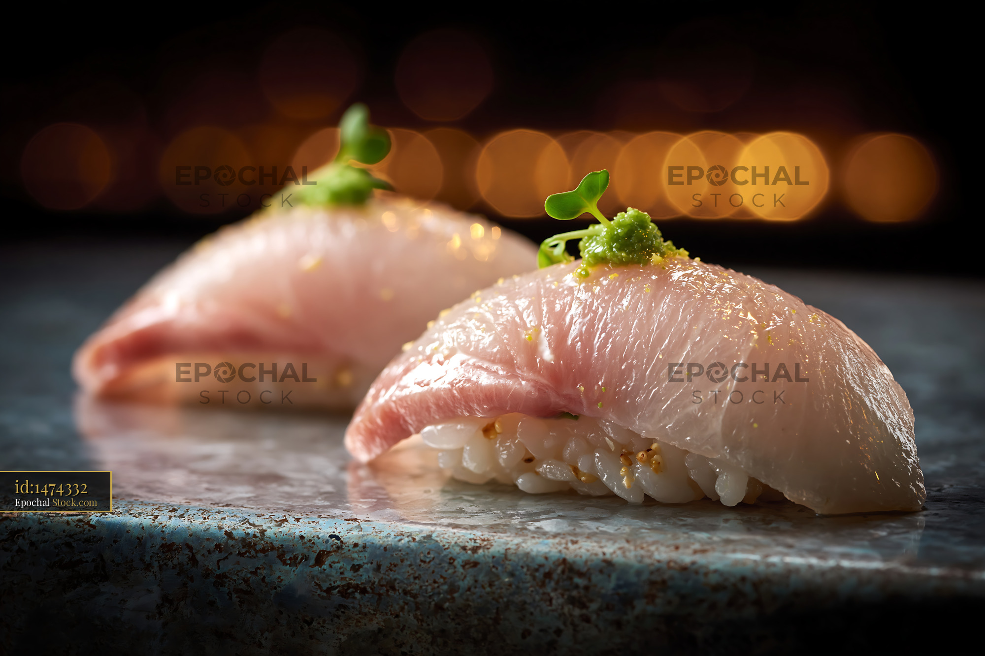Yellowtail nigiri sushi with yuzu kosho and microgreens - stock photo