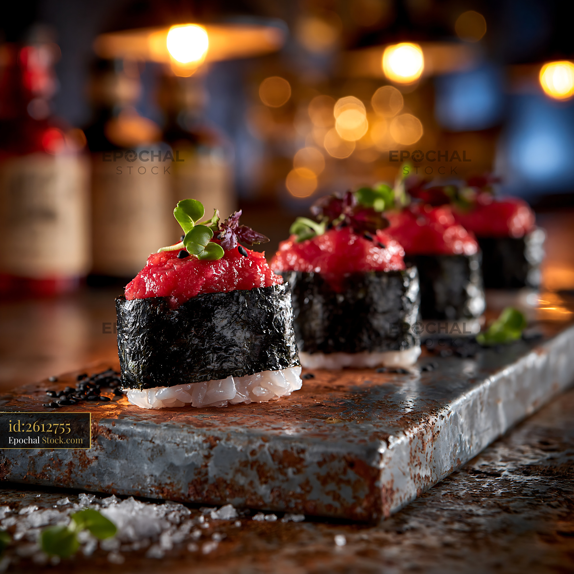 Salted plum umeboshi sushi served on a rustic plate in a restaurant - stock photo