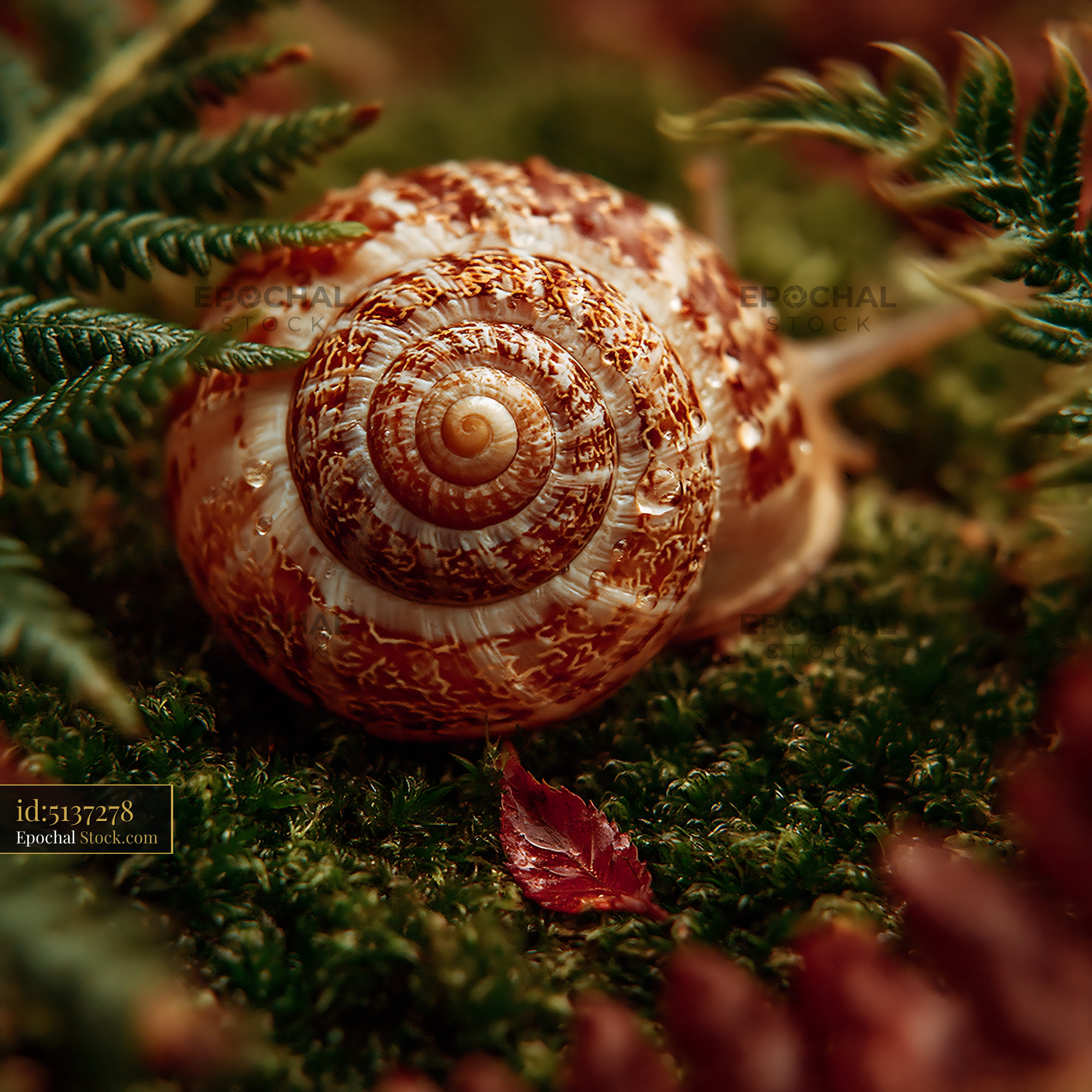 Brown patterned snail shell on wet moss in a forest - stock photo