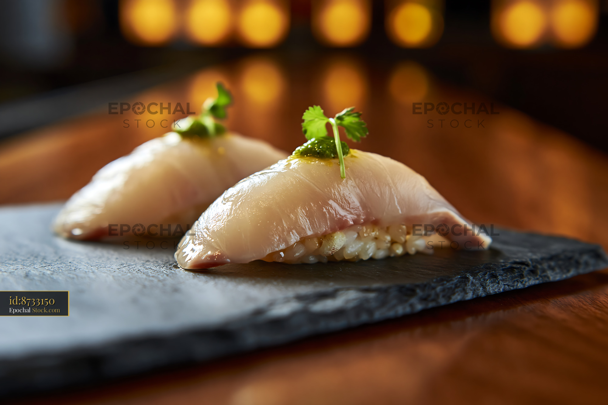 Yellowtail nigiri sushi with yuzu kosho and cilantro on slate plate - stock photo
