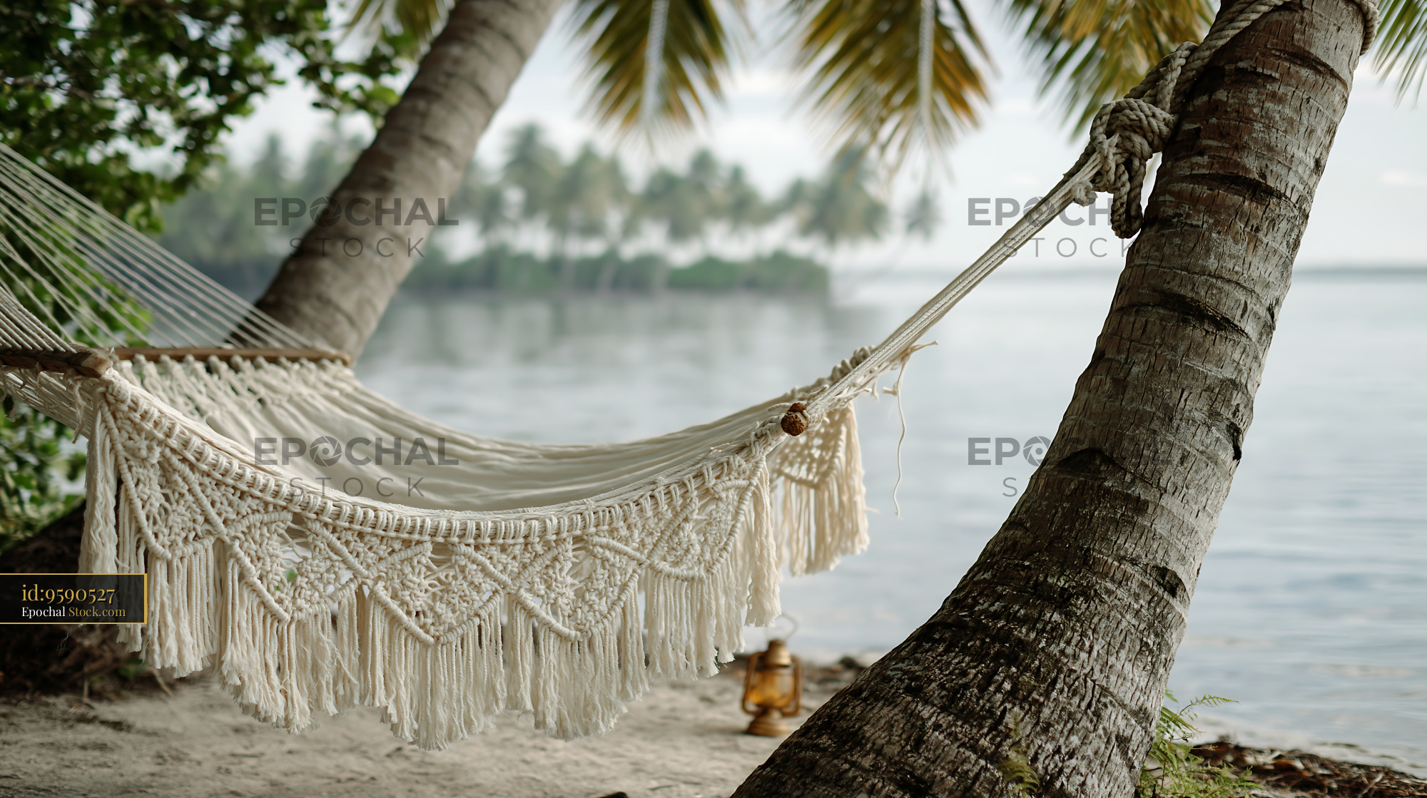 White macrame hammock between palm trees on a serene tropical beach - stock photo