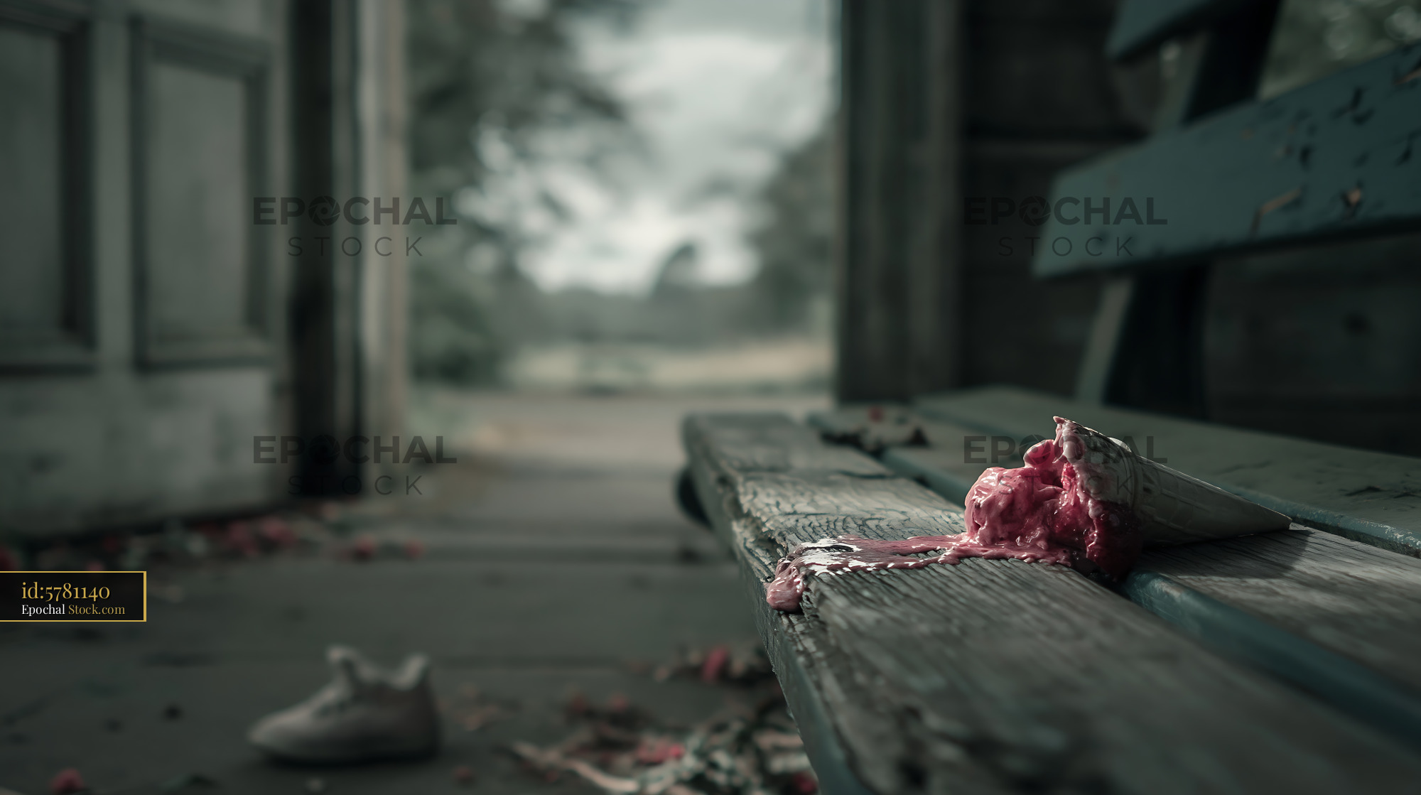 Melting ice cream cone abandoned on a weathered wooden bench - stock photo