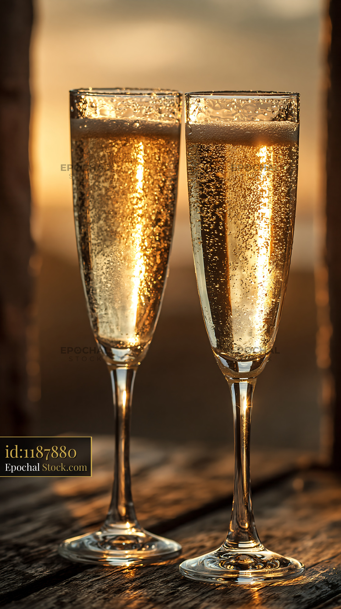 Two glasses of sparkling wine on a wooden terrace at sunset - stock photo