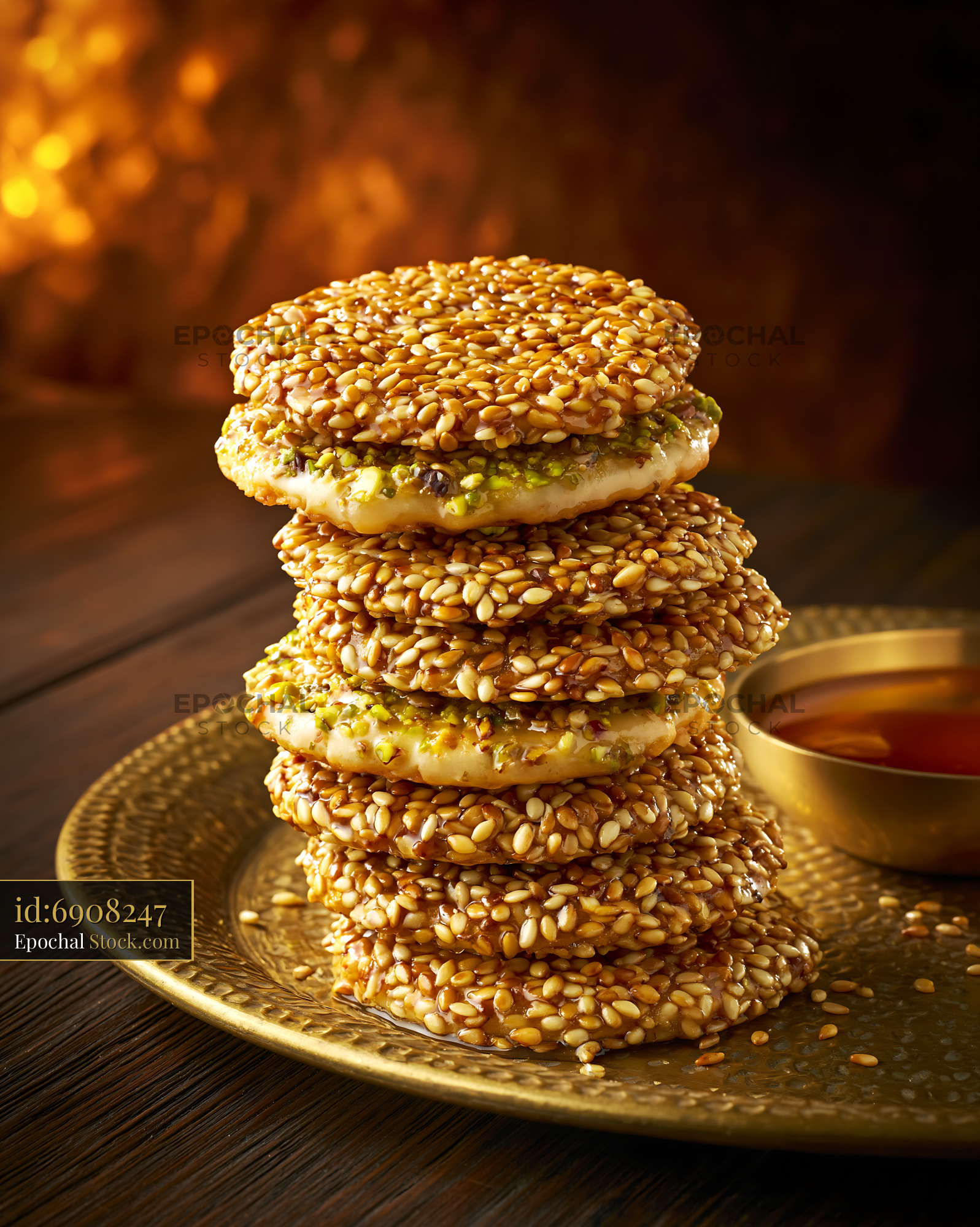 Barazek sesame biscuits stacked on a golden plate with honey - stock photo
