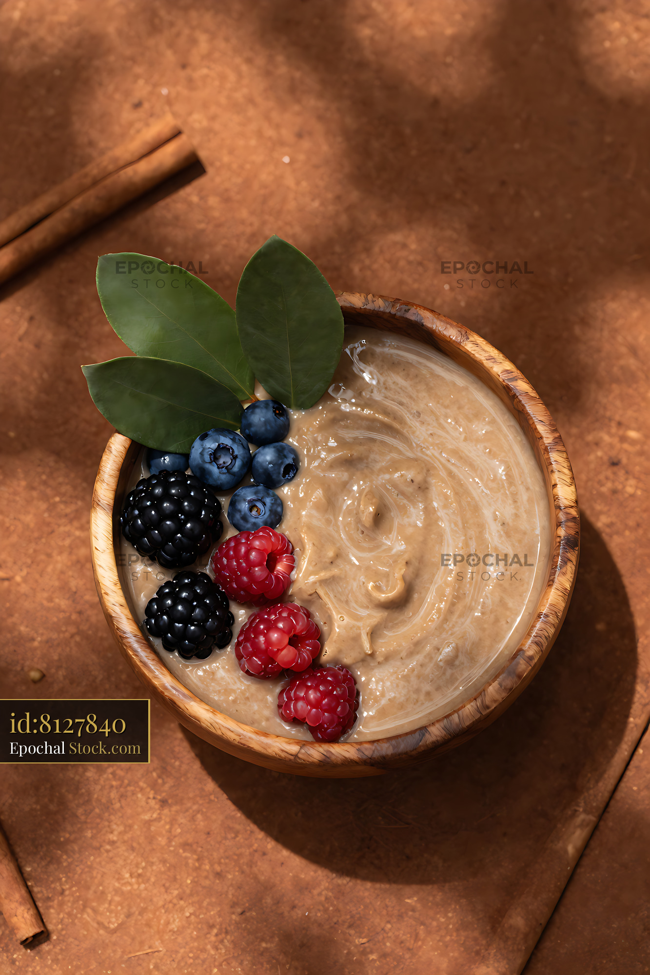 Muntries Mosaic smoothie bowl with fresh berries and cinnamon - stock photo