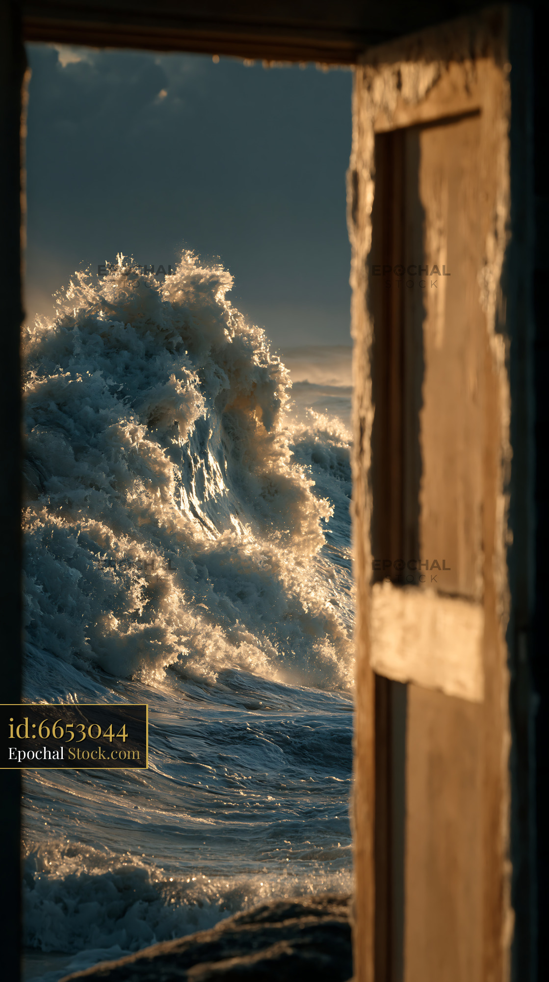 Powerful ocean wave crashing at winter dusk seen through open door - stock photo