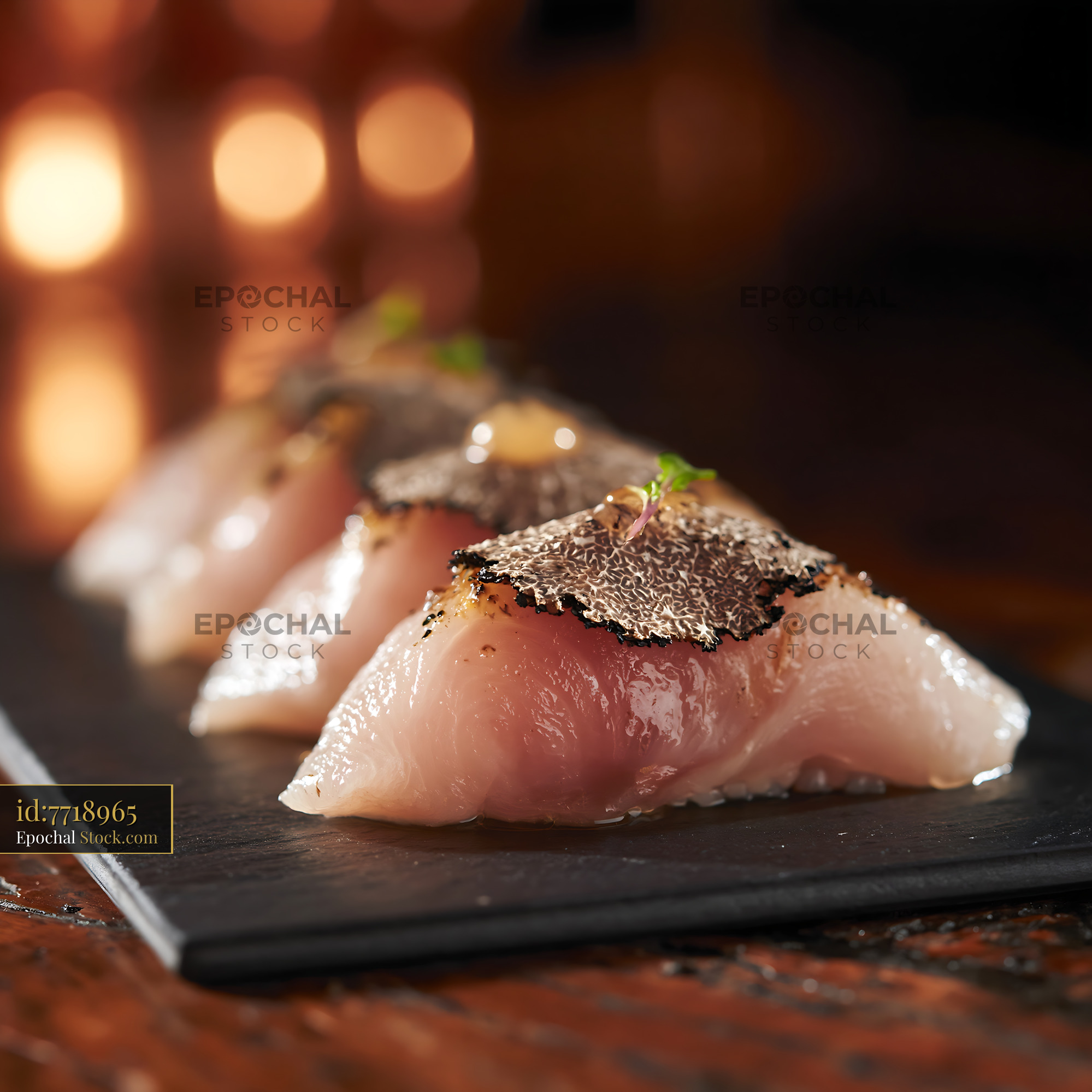 Gourmet truffle yellowtail sushi nigiri served on a black slate plate - stock photo